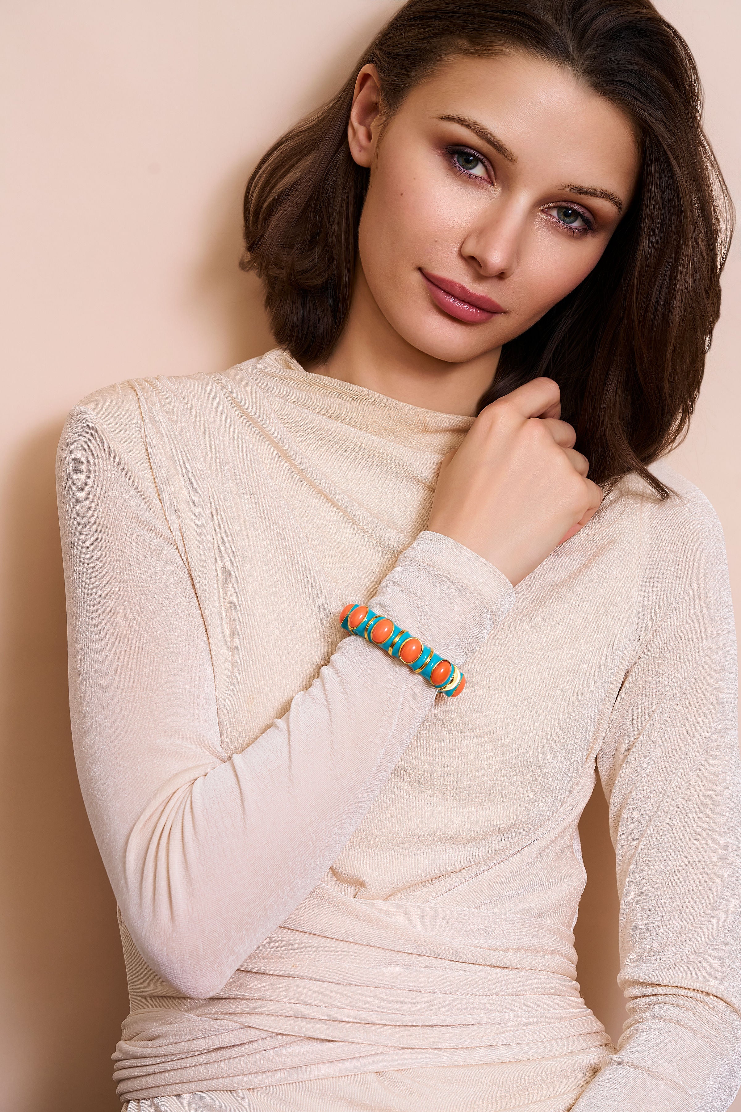 Turquoise & Coral Cabochons Bracelet