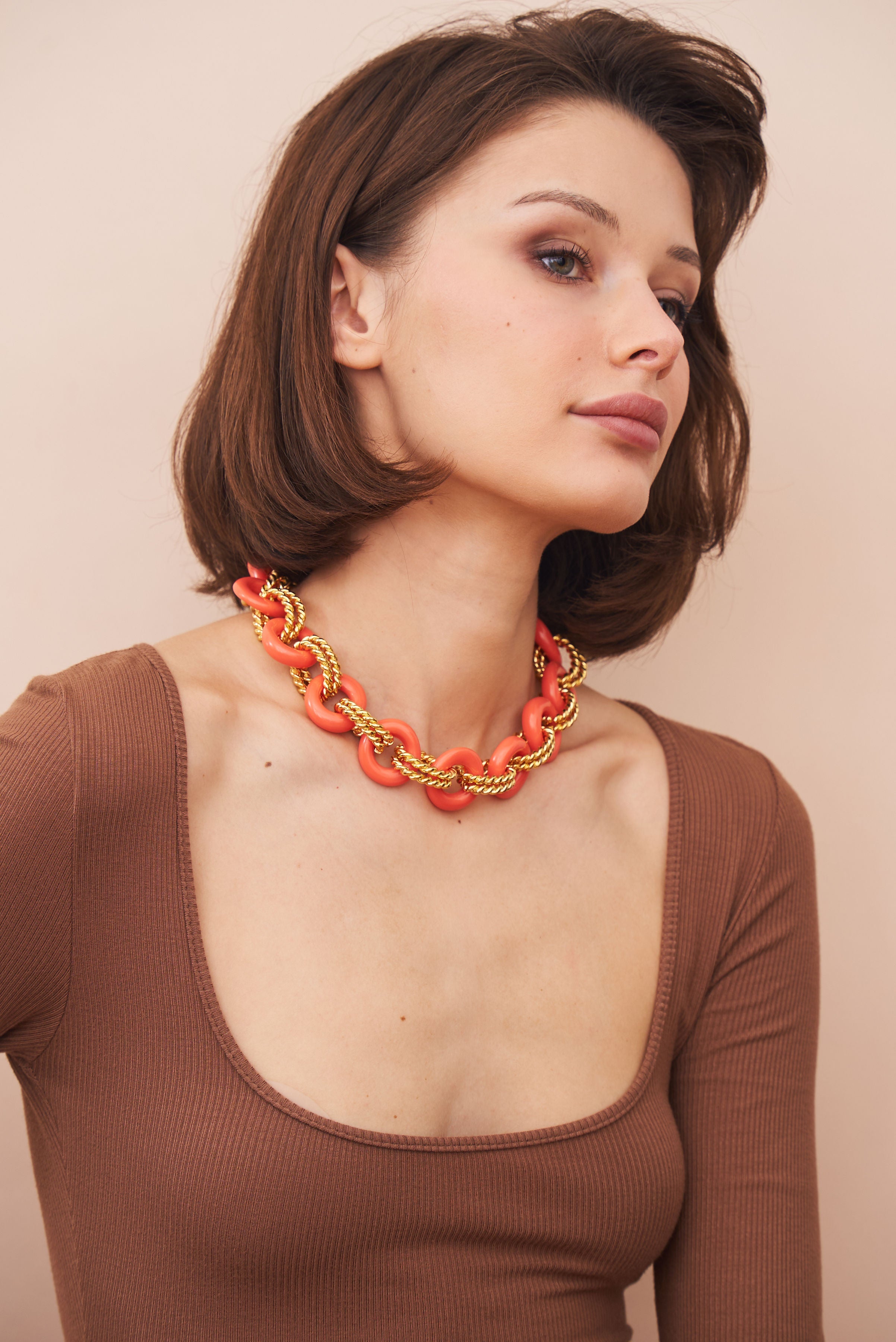 Gold & Coral Twist Link Necklace