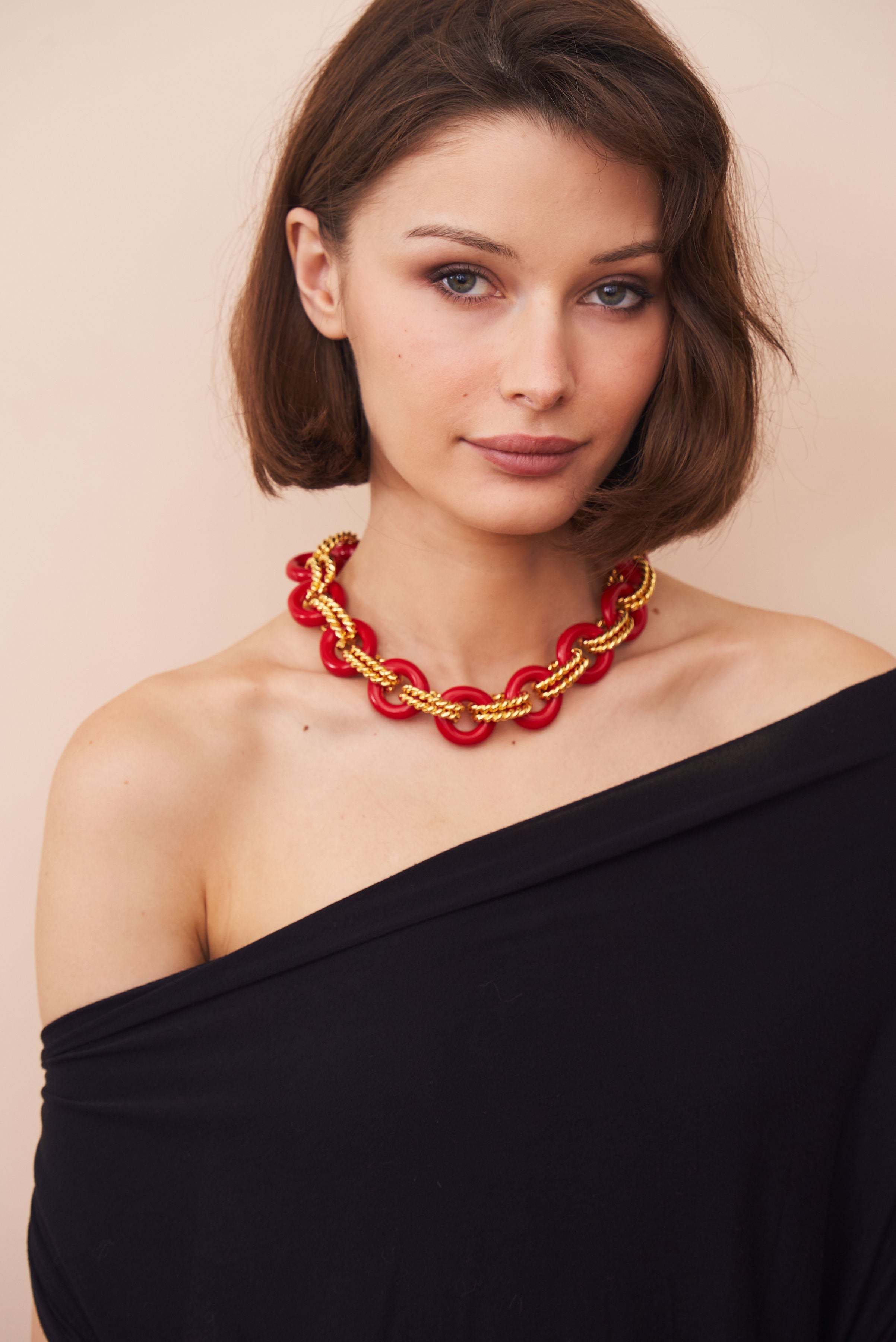Gold & Red Twist Link Necklace