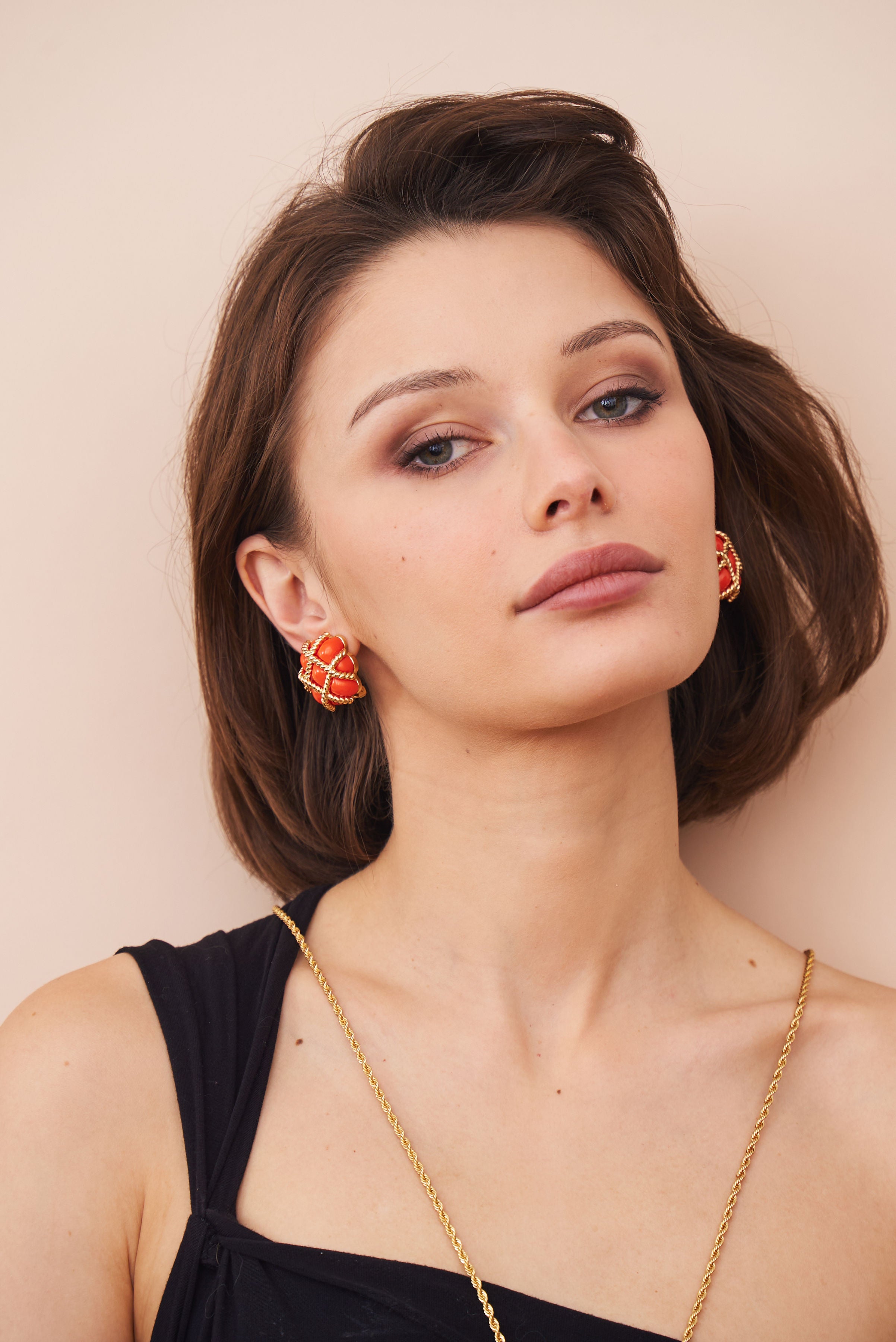 Gold Trim Coral Quilted Clip Earrings