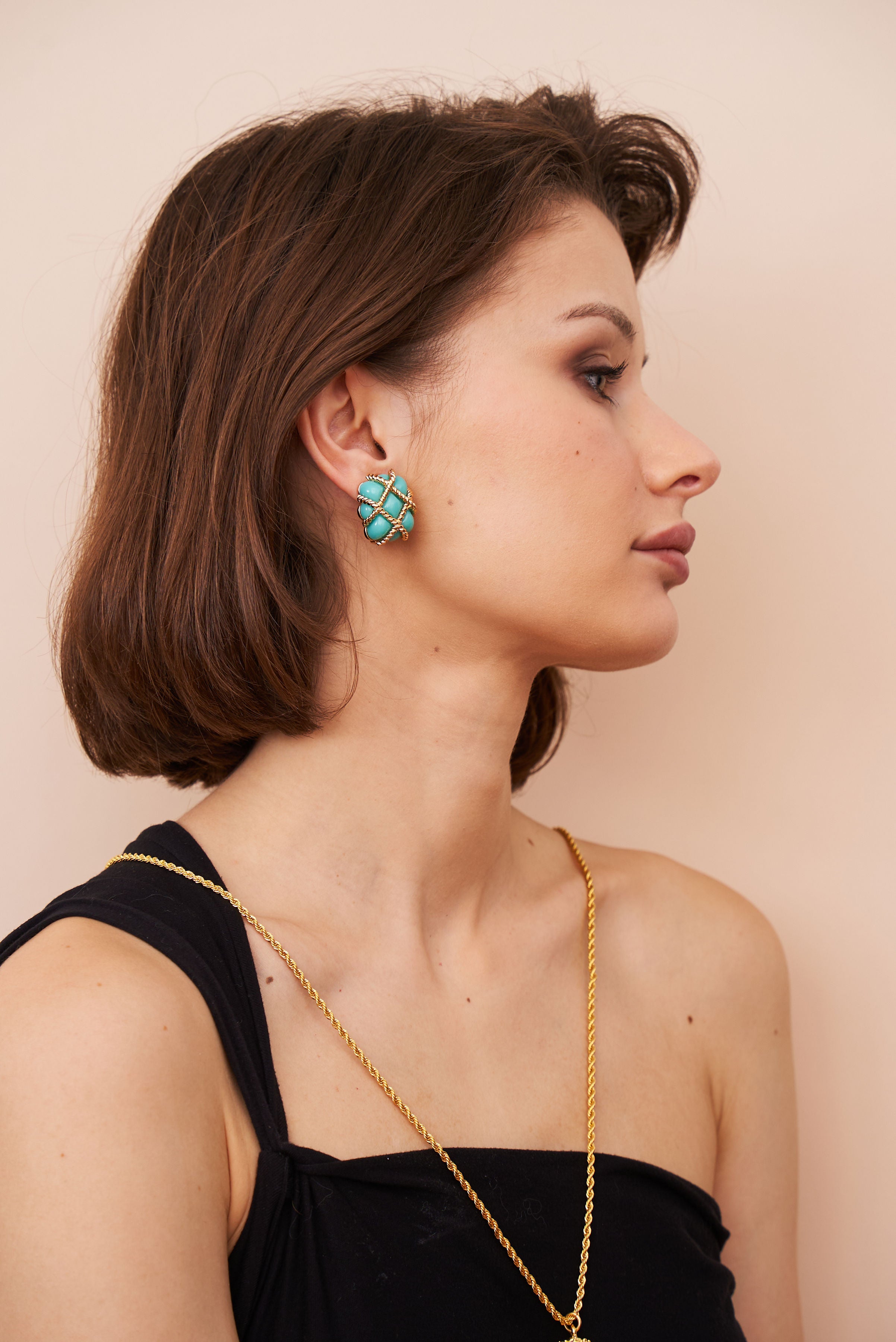 Gold Trim Turquoise Quilted Clip Earrings