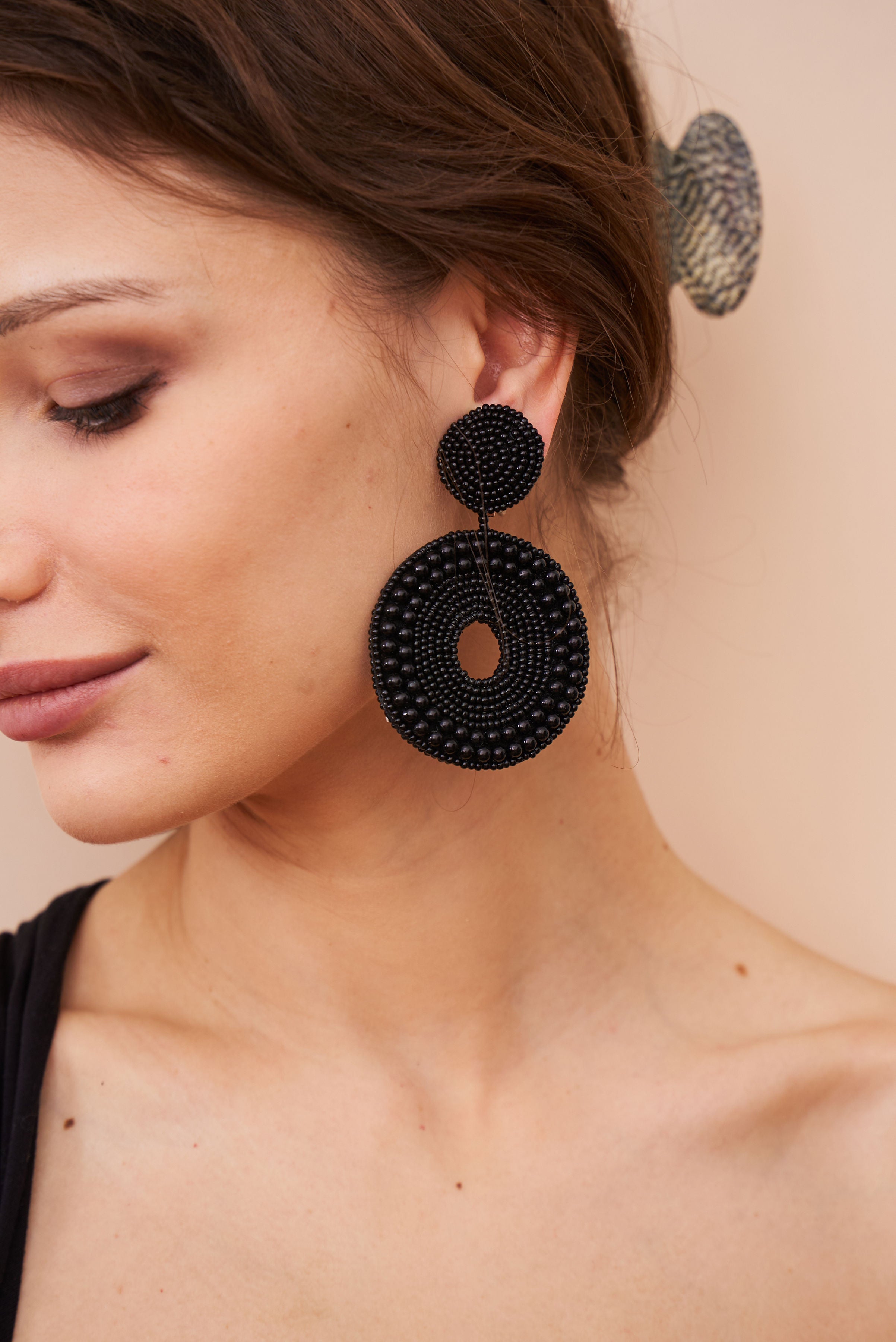 Black Seed Bead Round Clip-On Earrings