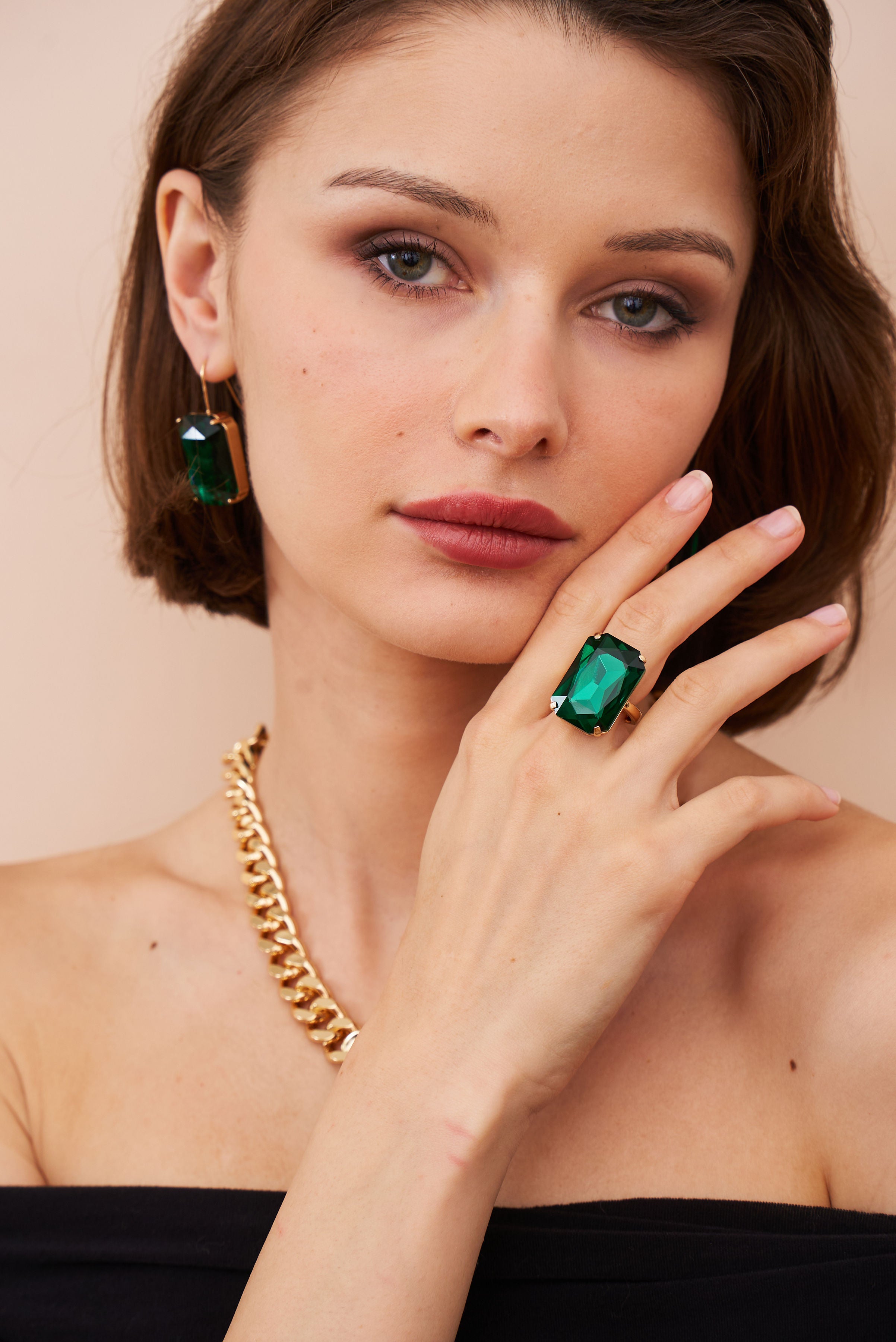 Emerald Octagon Stone Adjustable Ring
