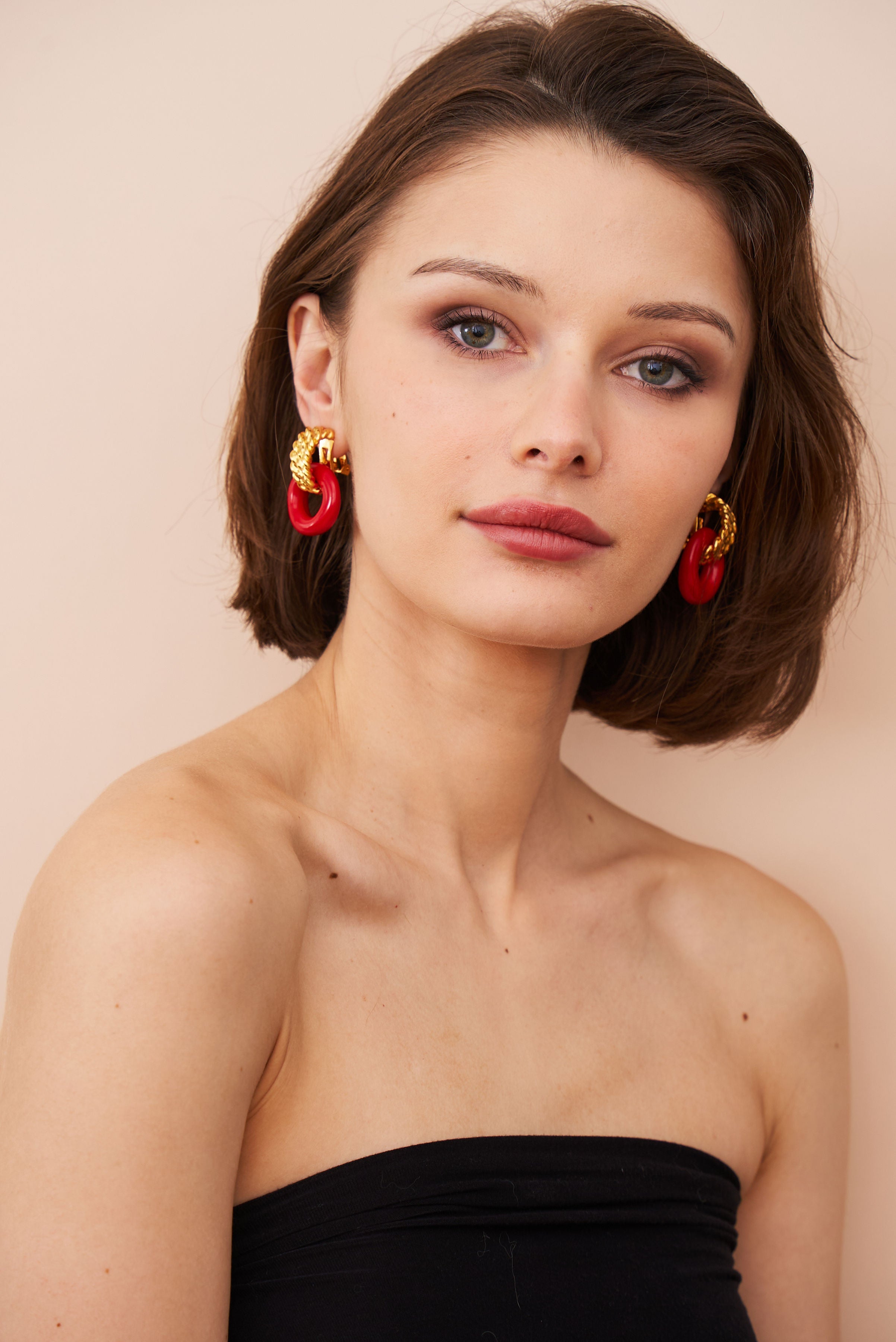 Gold & Red Doorknocker Clip Earrings