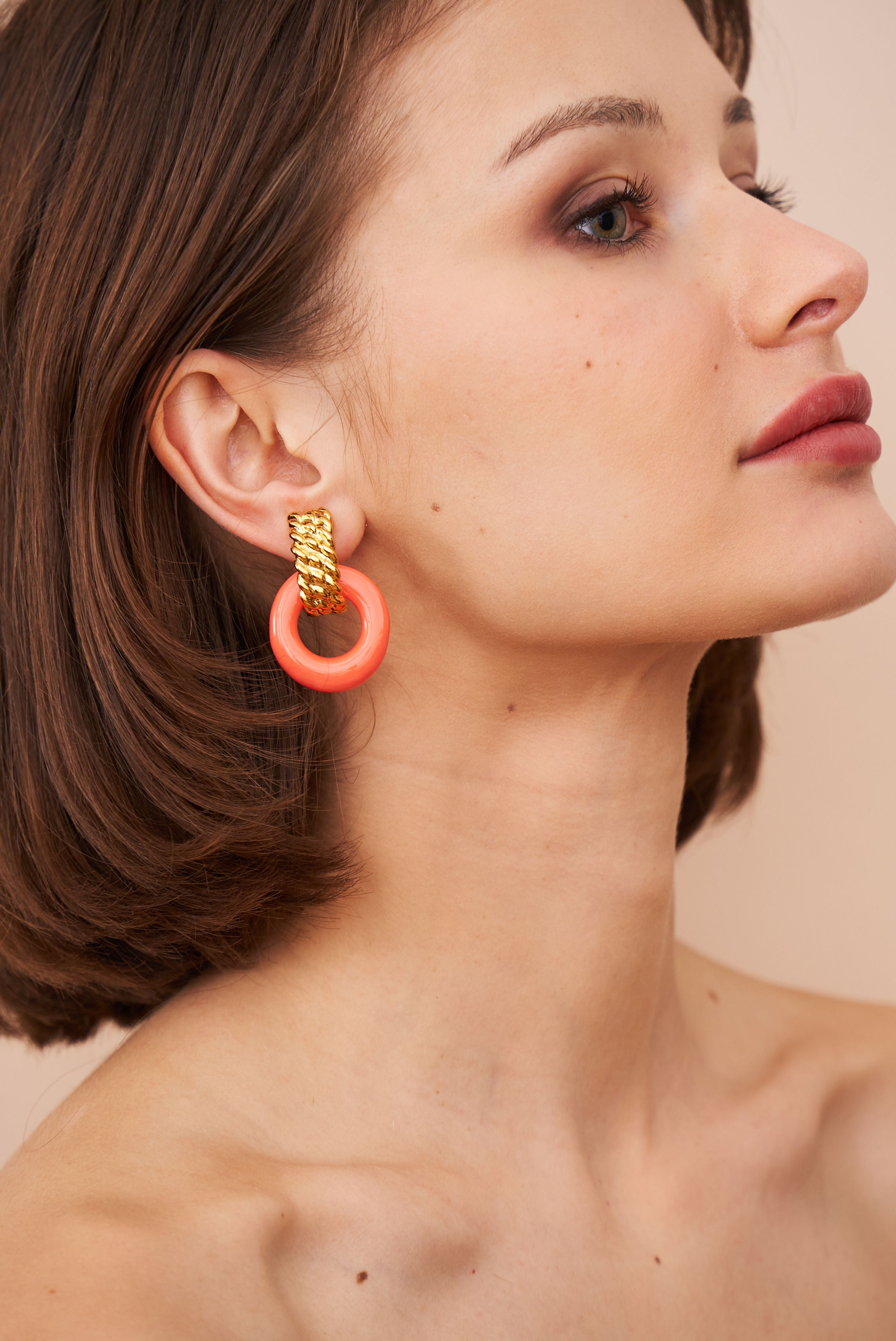 Gold & Coral Doorknocker Clip Earrings