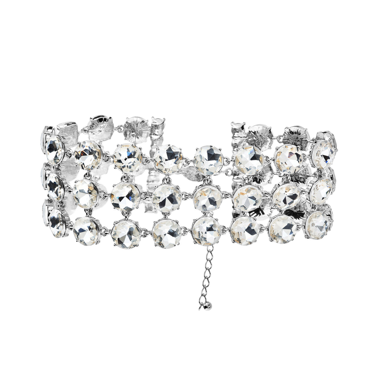 A wide silver-toned choker bracelet covered with large clear faceted rhinestones, shown on a plain white background.
