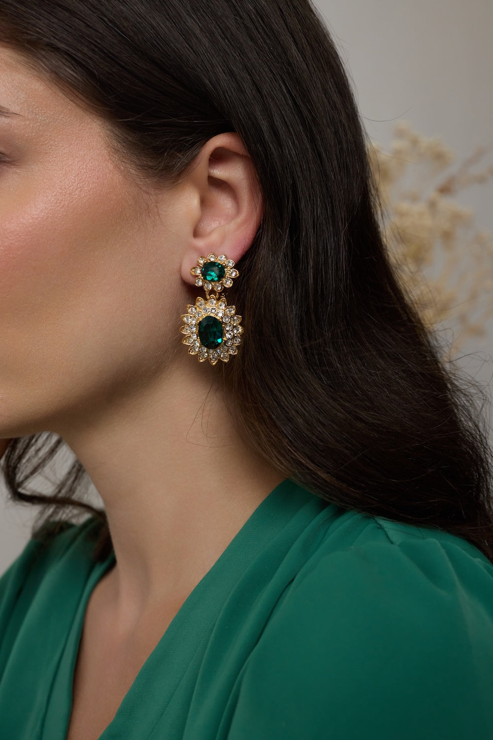Emerald Drop Clip Earrings