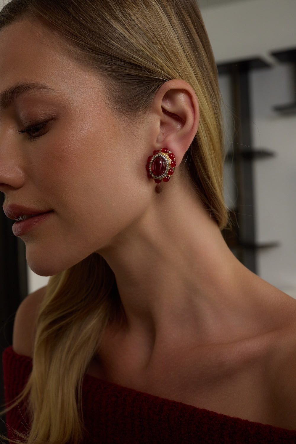 Ruby Oval Clip Earrings