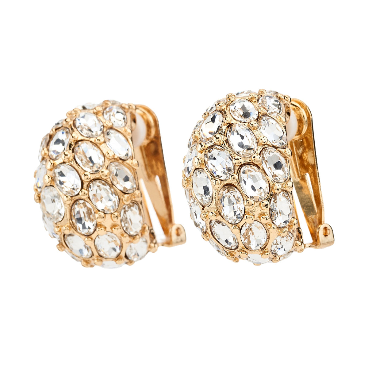Faceted Oval Crystal Dome Clip Earrings, gold, clip closure