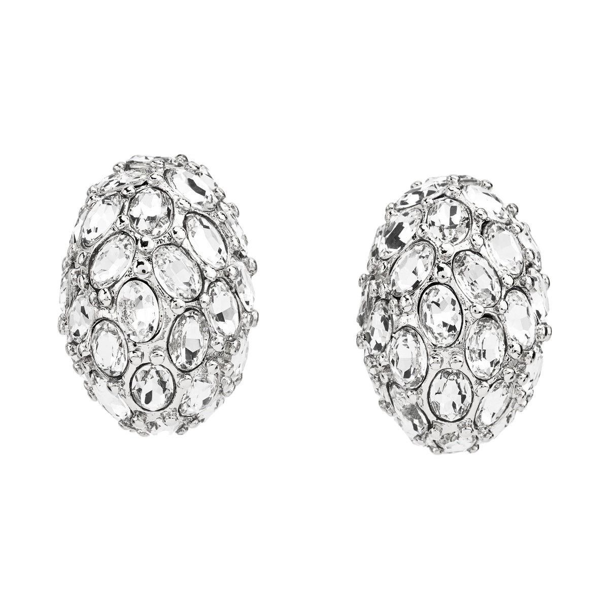 Faceted Oval Crystal Dome Clip Earrings, silver, clip closure