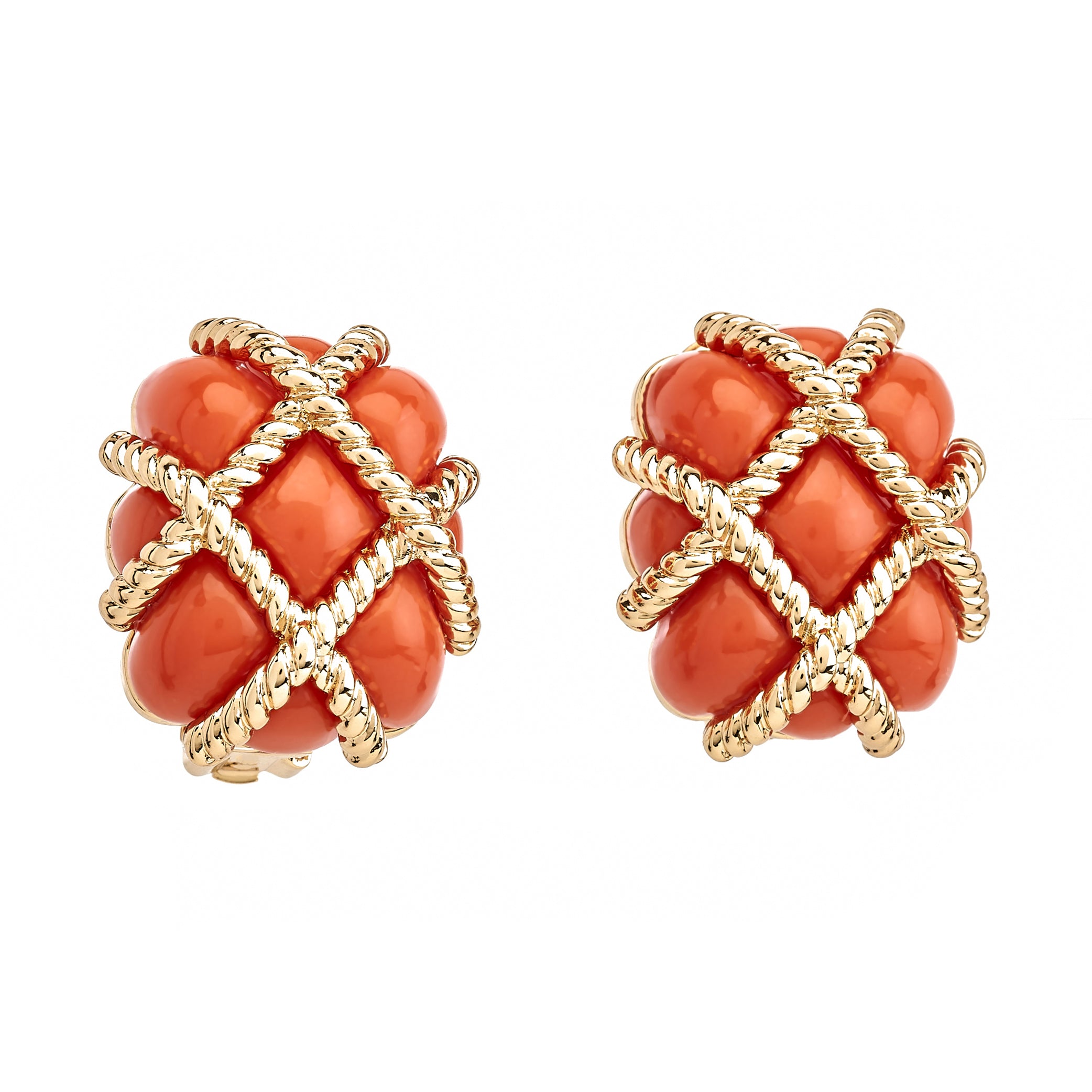 Gold Trim Coral Quilted Clip Earrings