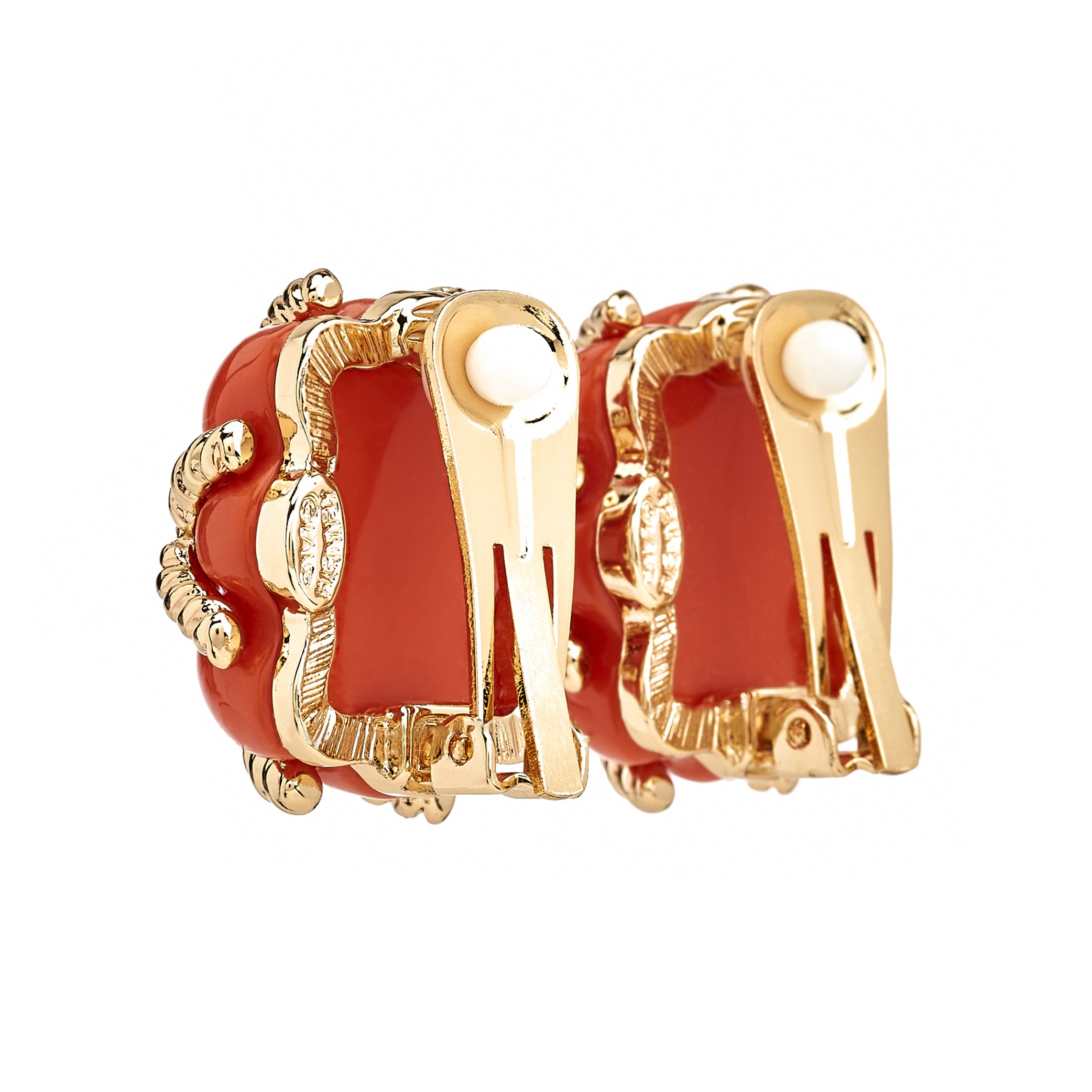 Gold Trim Coral Quilted Clip Earrings
