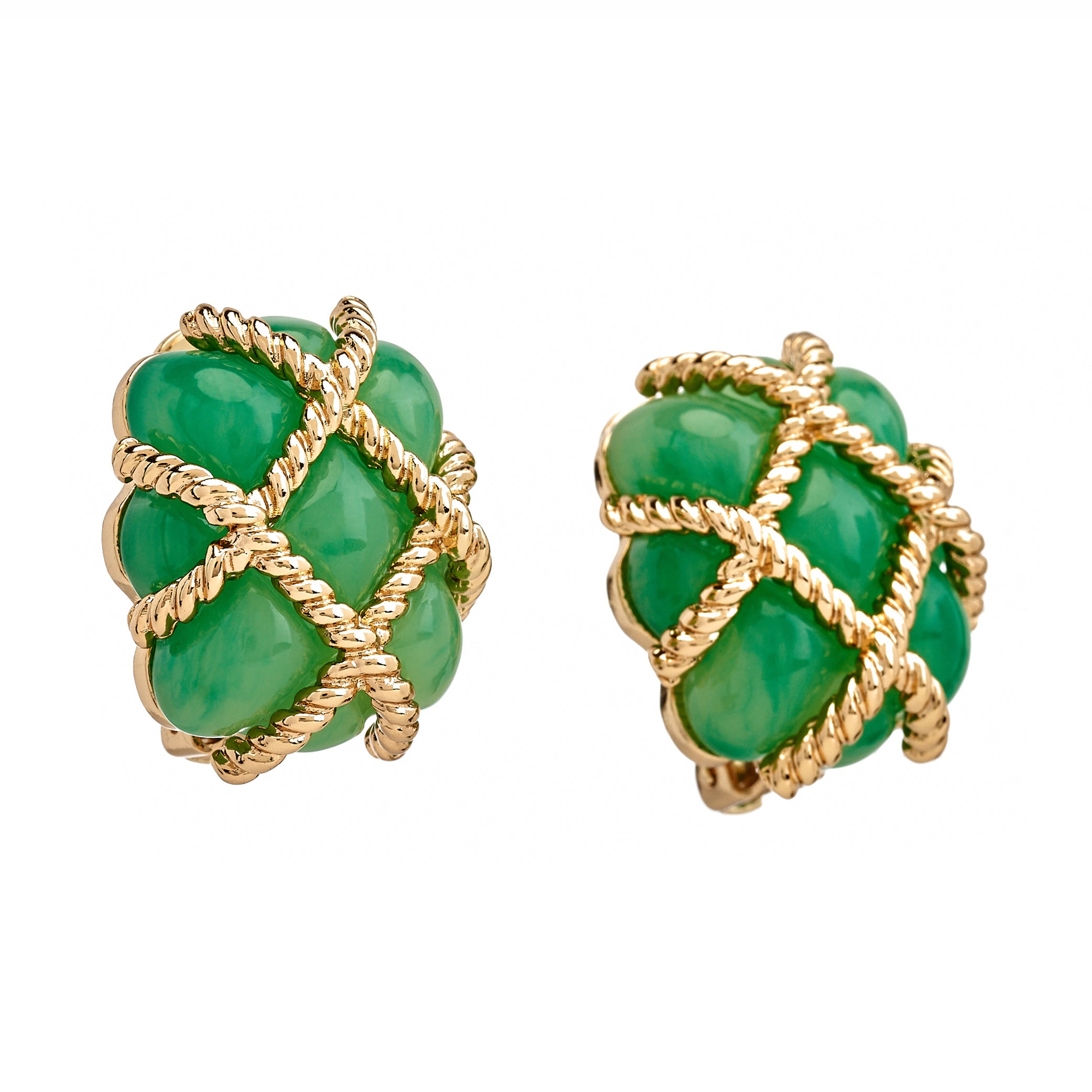 Gold Trim Jade Quilted Clip Earrings