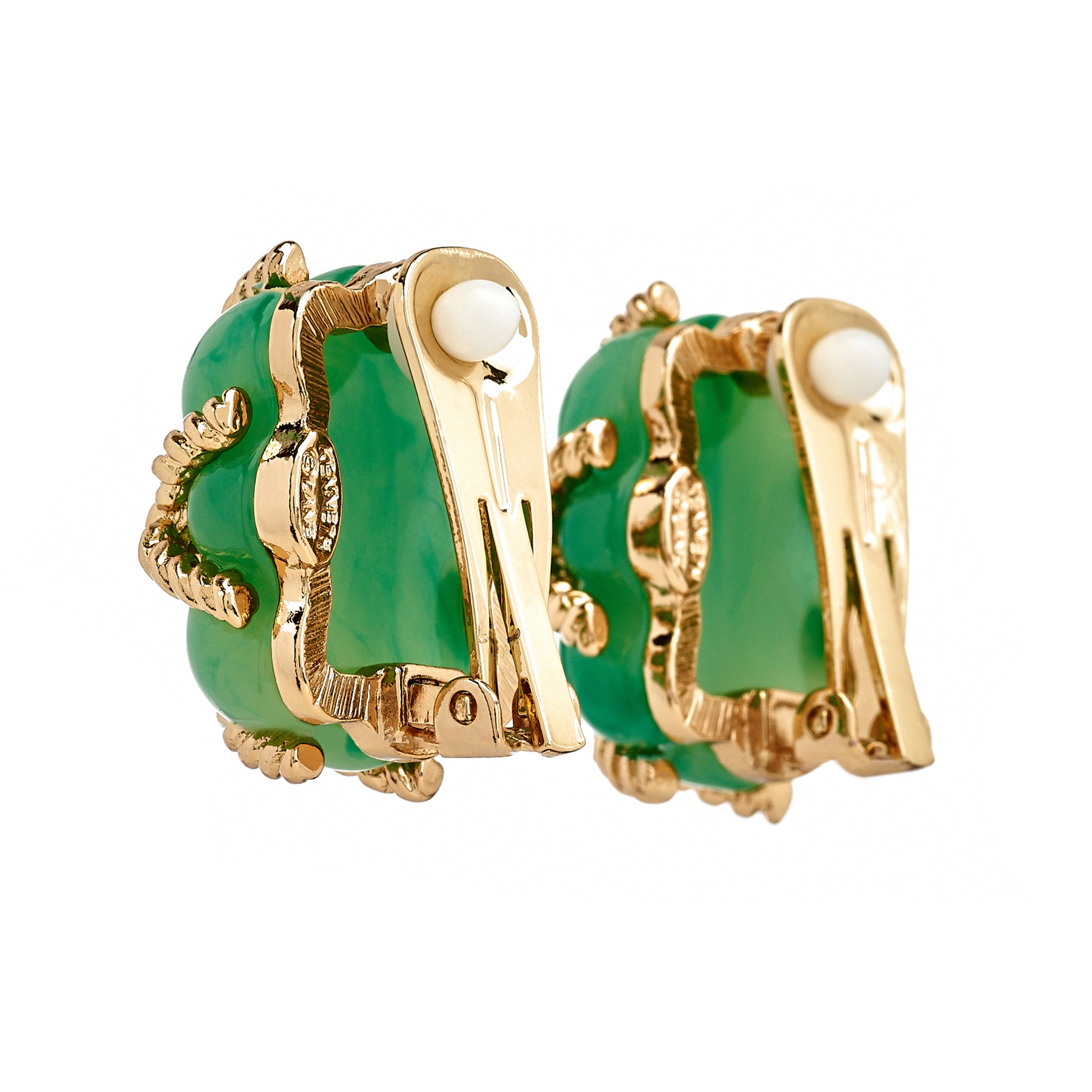 Gold Trim Jade Quilted Clip Earrings