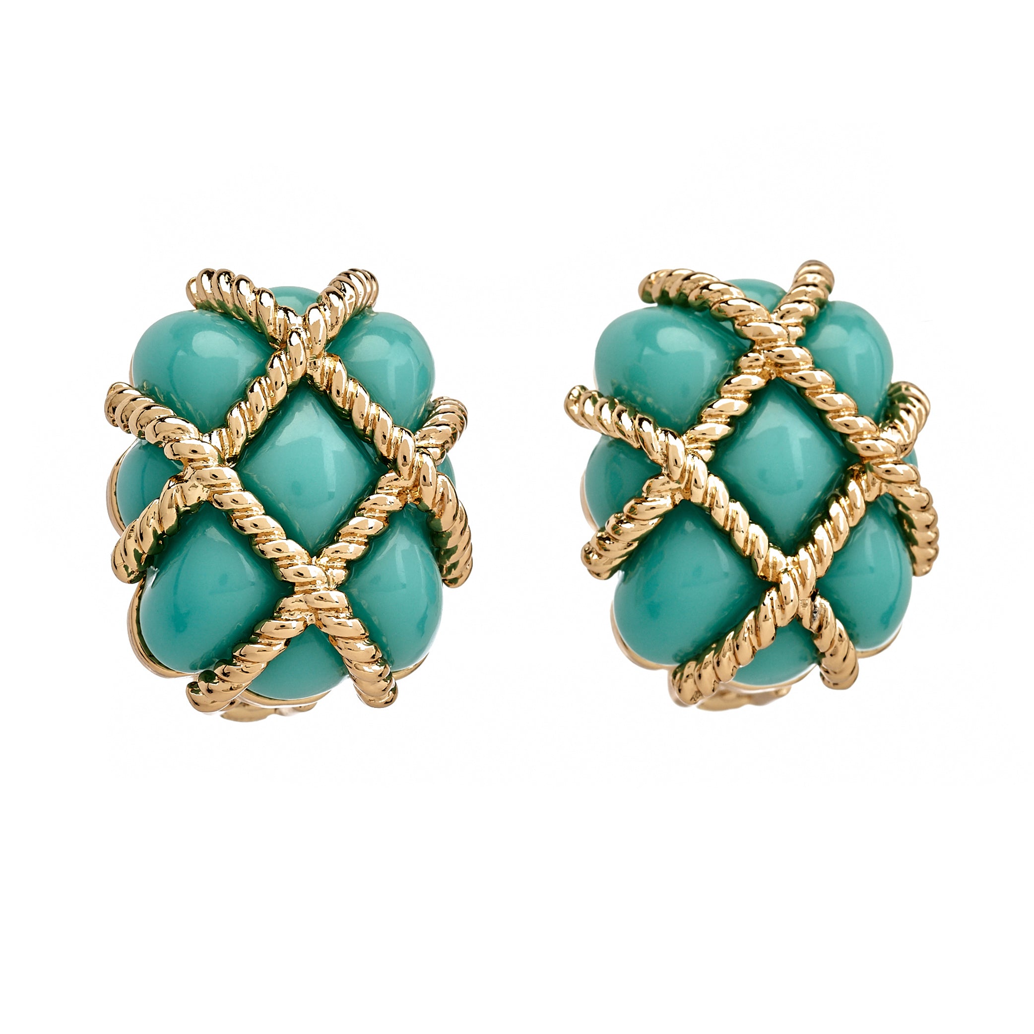 Gold Trim Turquoise Quilted Clip Earrings