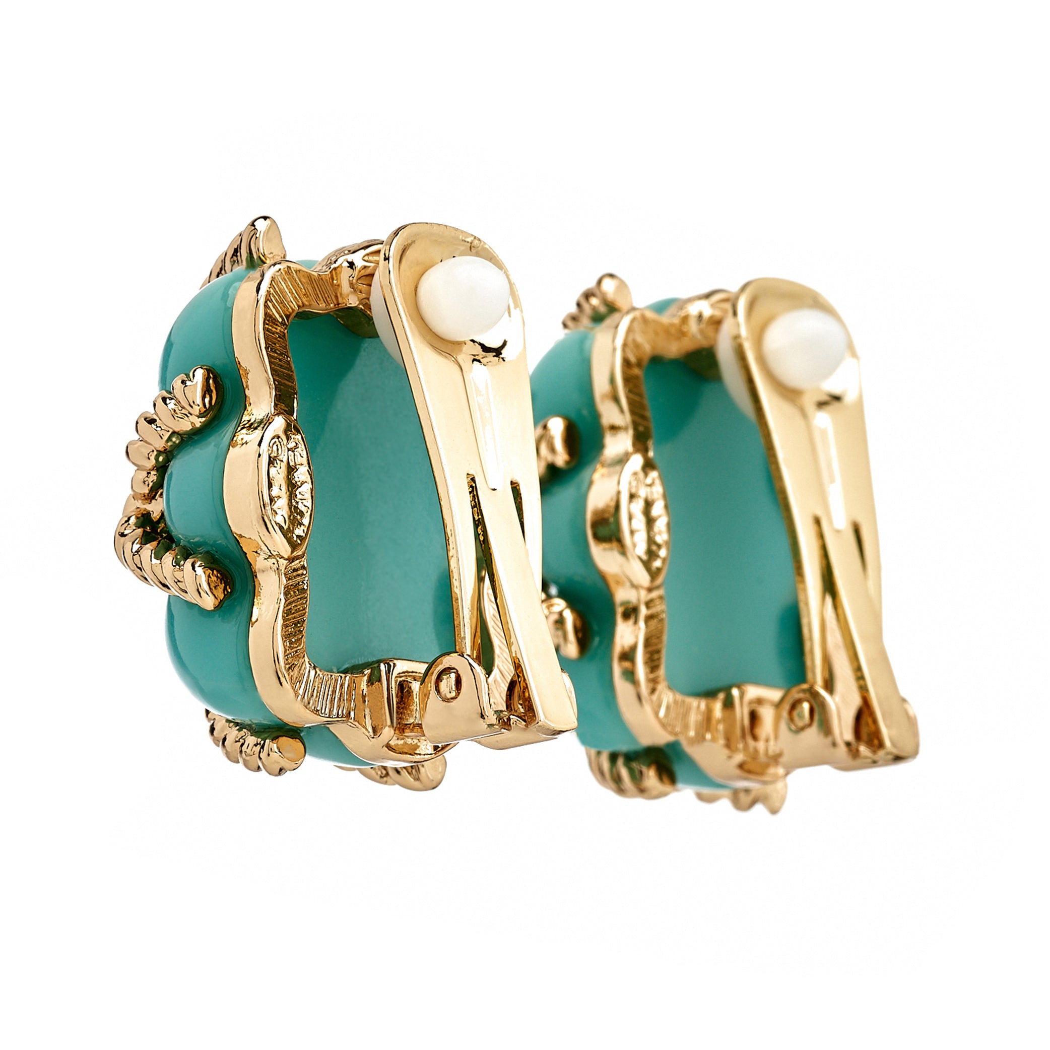 Gold Trim Turquoise Quilted Clip Earrings