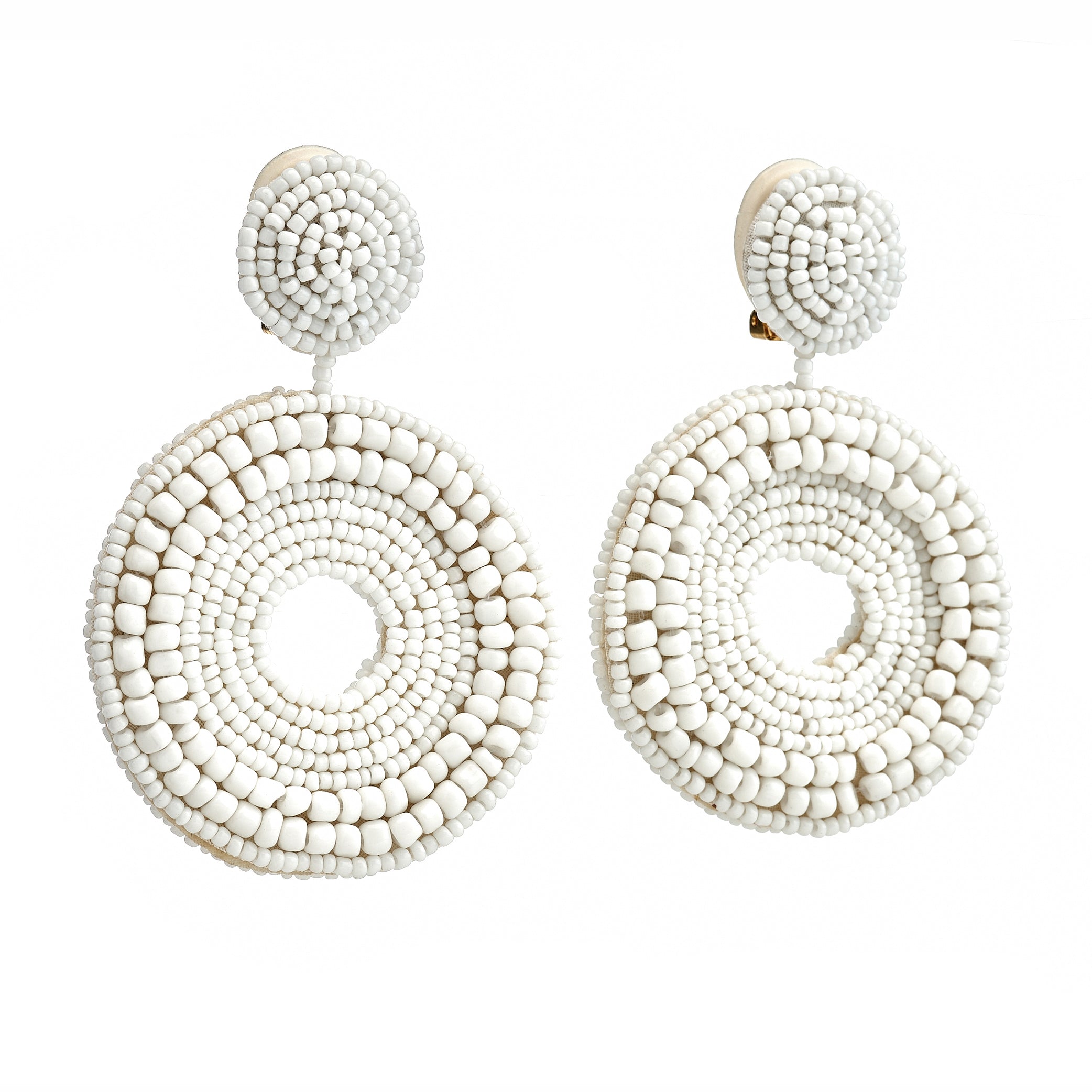 White Seed Bead Round Clip-On Earrings