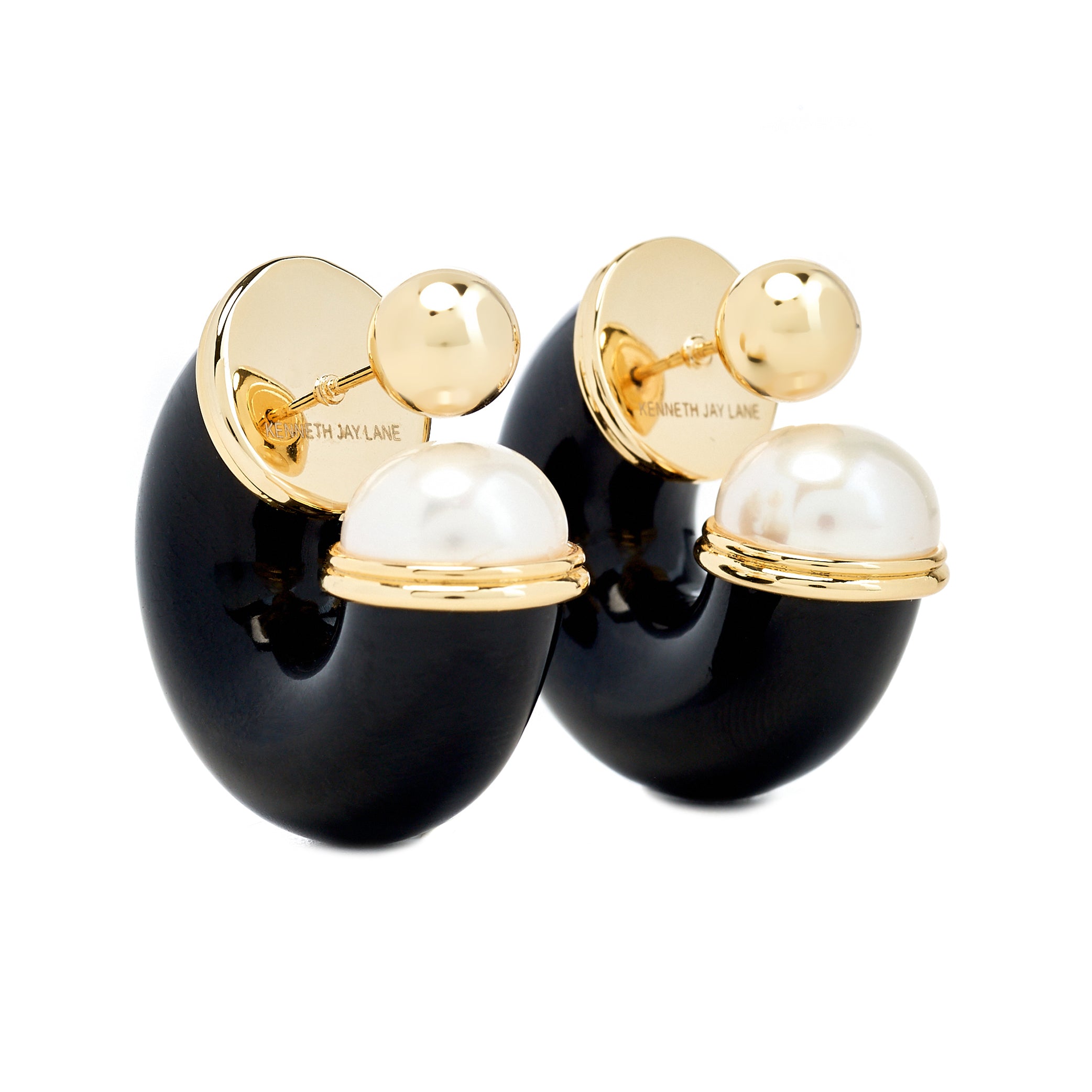 Pearl End Black Hoop Pierced Earrings