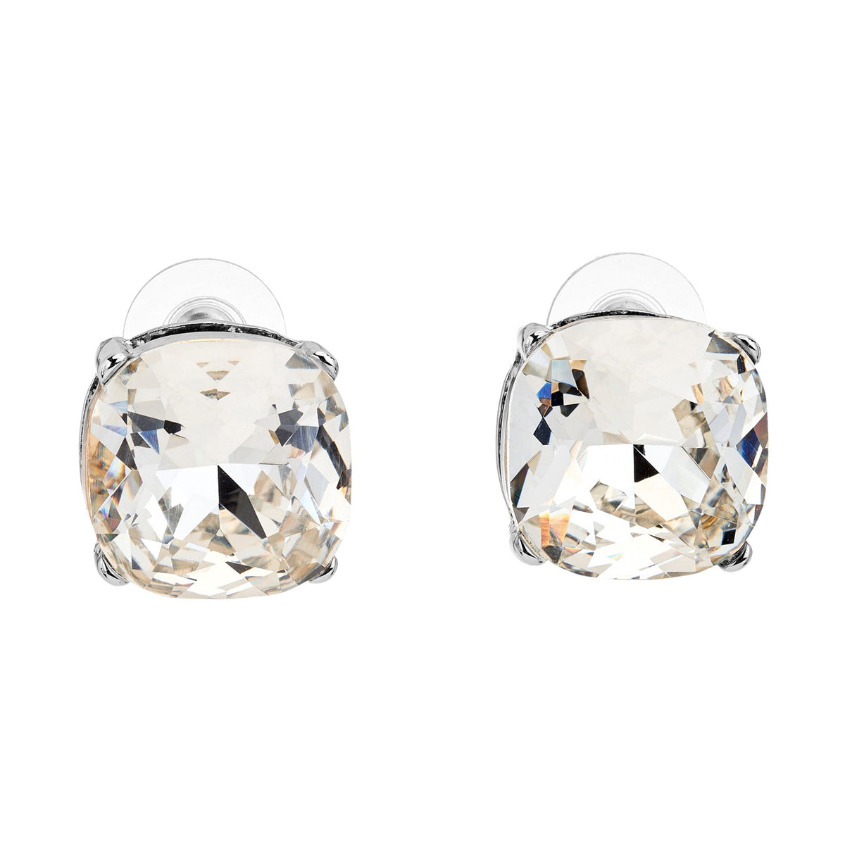 Square Crystal Headlight Earrings, silver, pierced closure