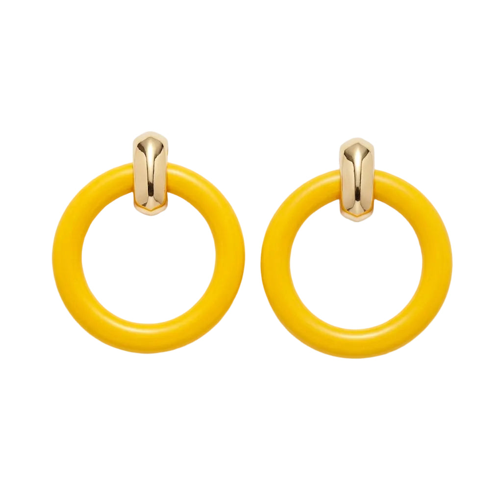Bright yellow chunky hoop earrings with gold-tone metal caps, displayed on a beige branded card against a light background.
