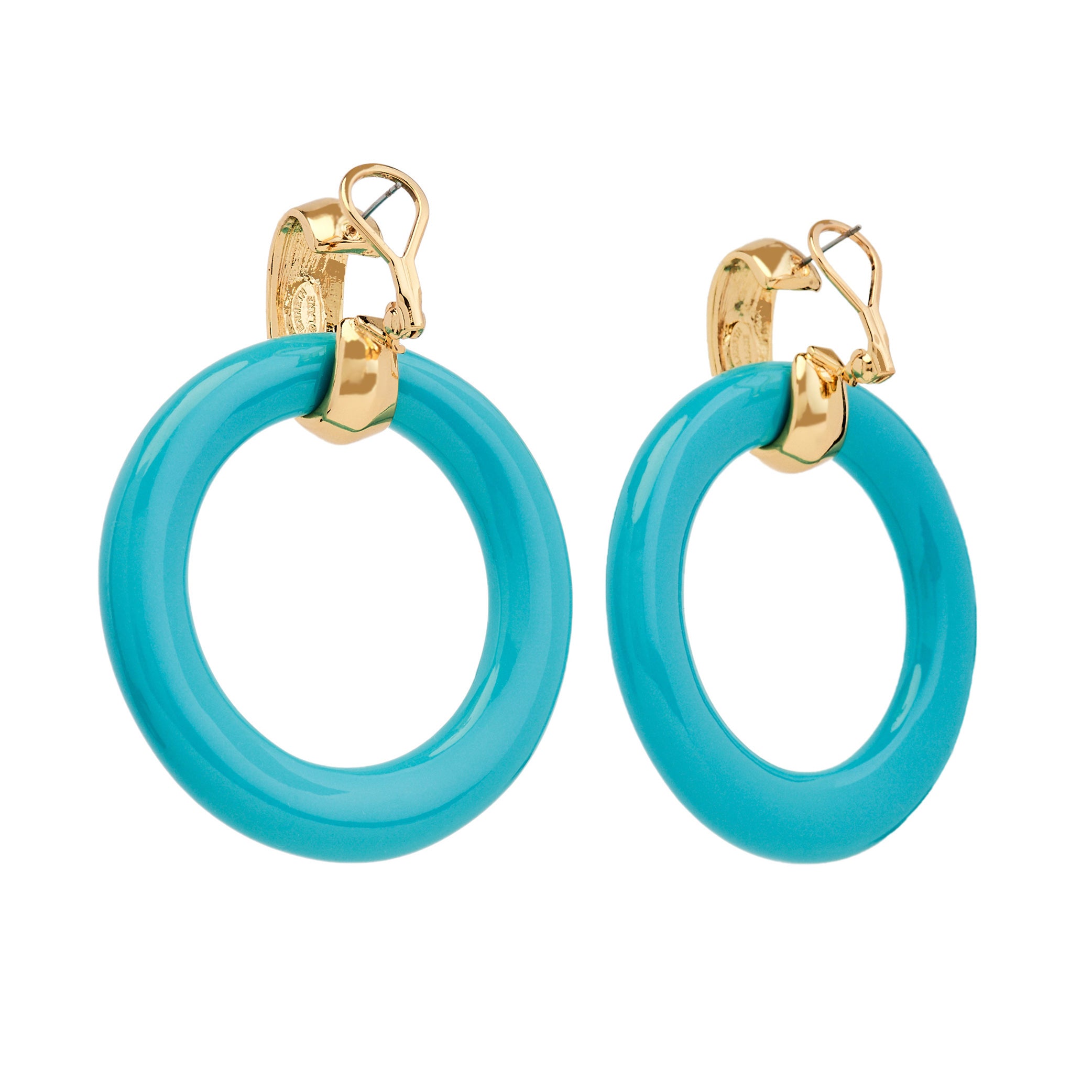 Satin Gold and Turquoise Doorknocker Clip Earrings