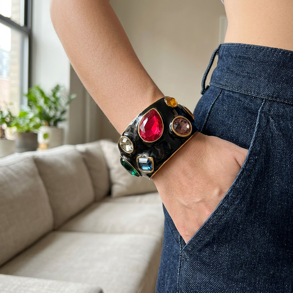 A black cuff bracelet featuring multiple colorful faceted gemstones in gold-toned bezel settings, including a prominent red stone, a pink stone, a blue stone, and a green stone.