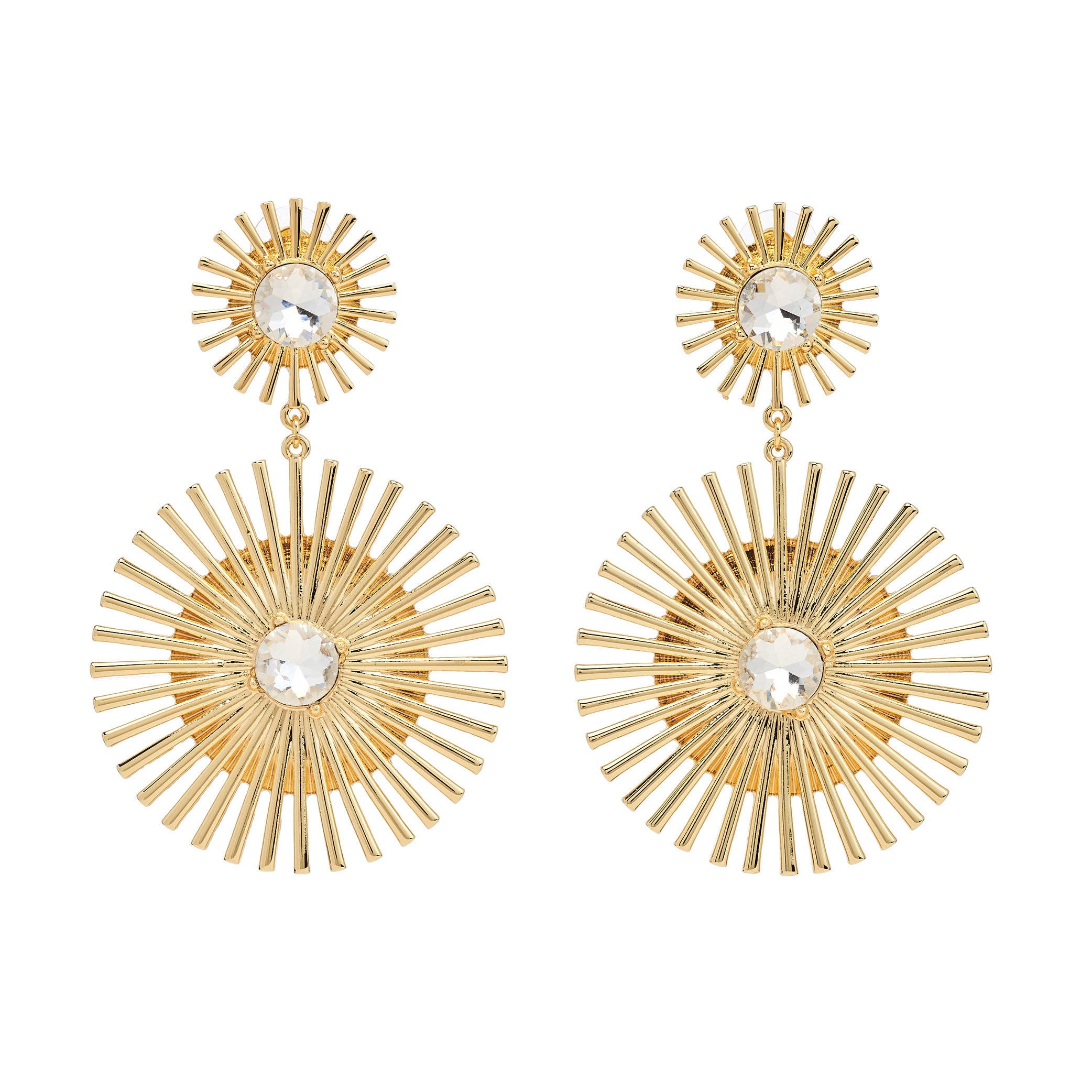 Gold Sunburst Drop Earrings with Crystal Center