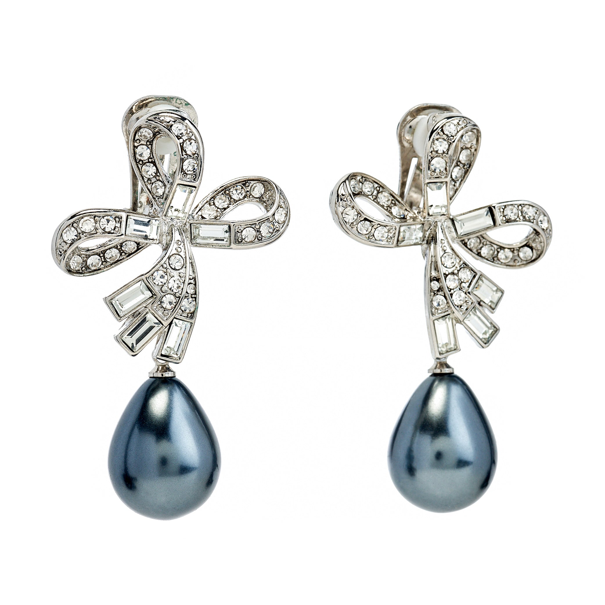 Crystal Bow Pearl Drop Clip Earrings