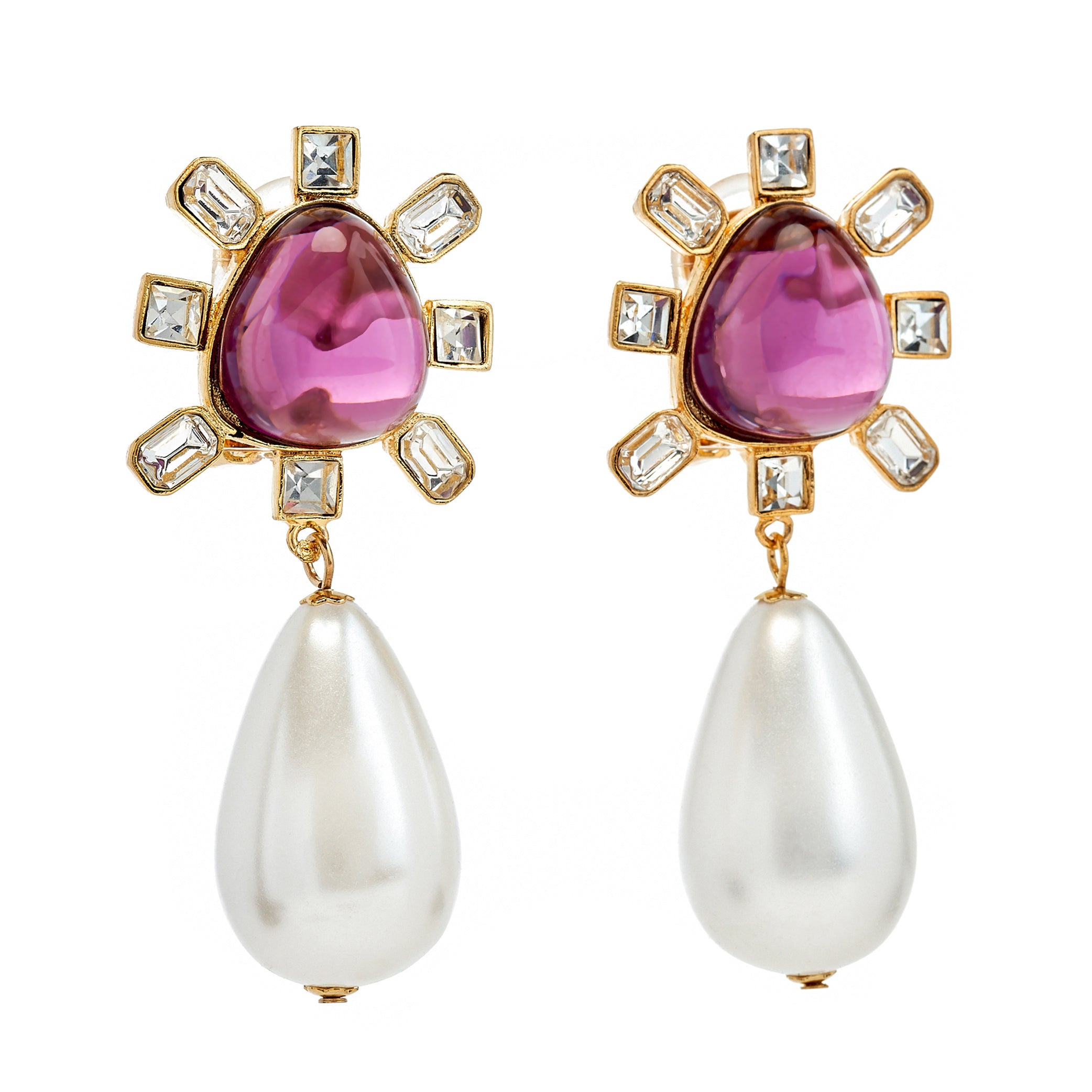 Amethyst Center Pearl Drop Clip-On Earrings