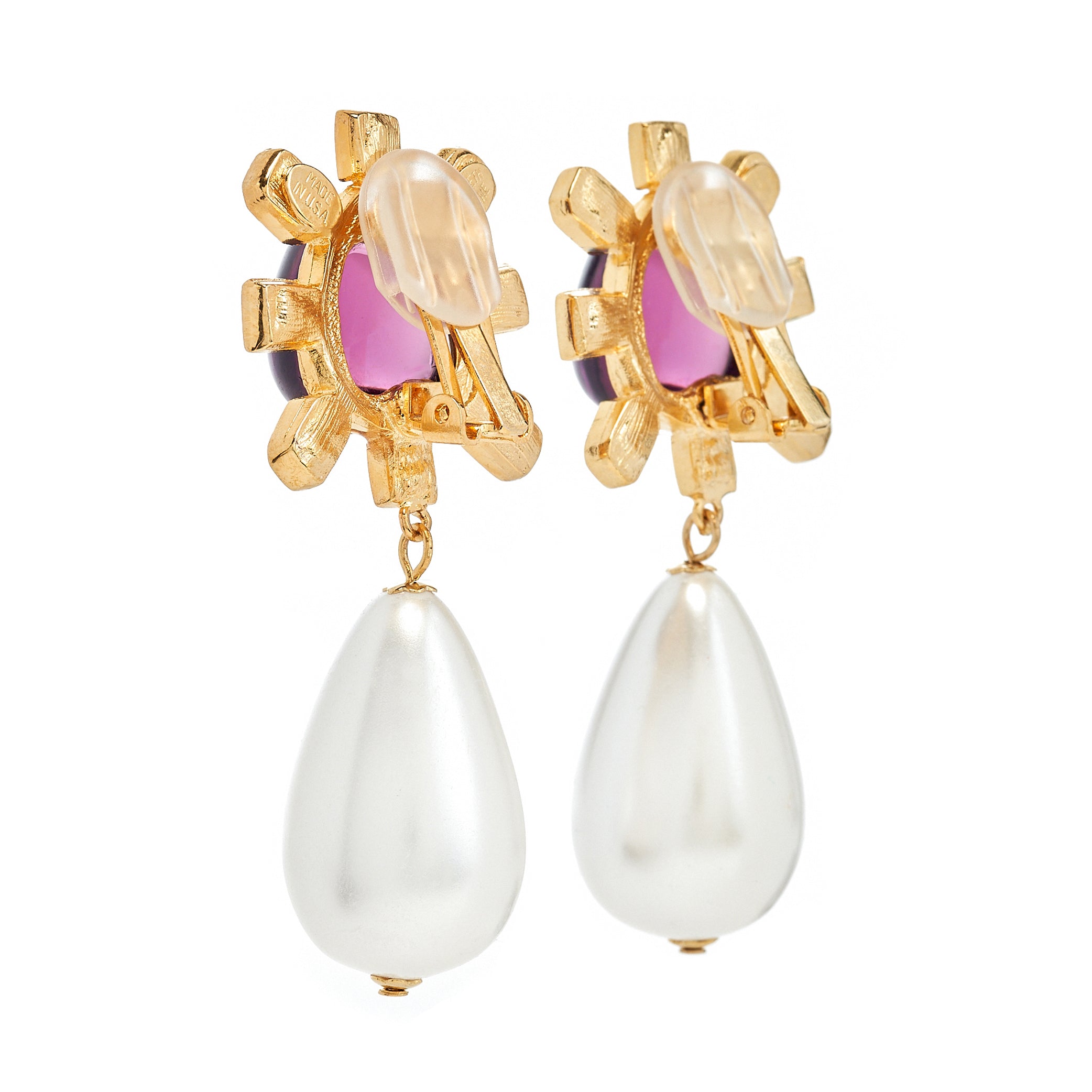 Amethyst Center Pearl Drop Clip-On Earrings