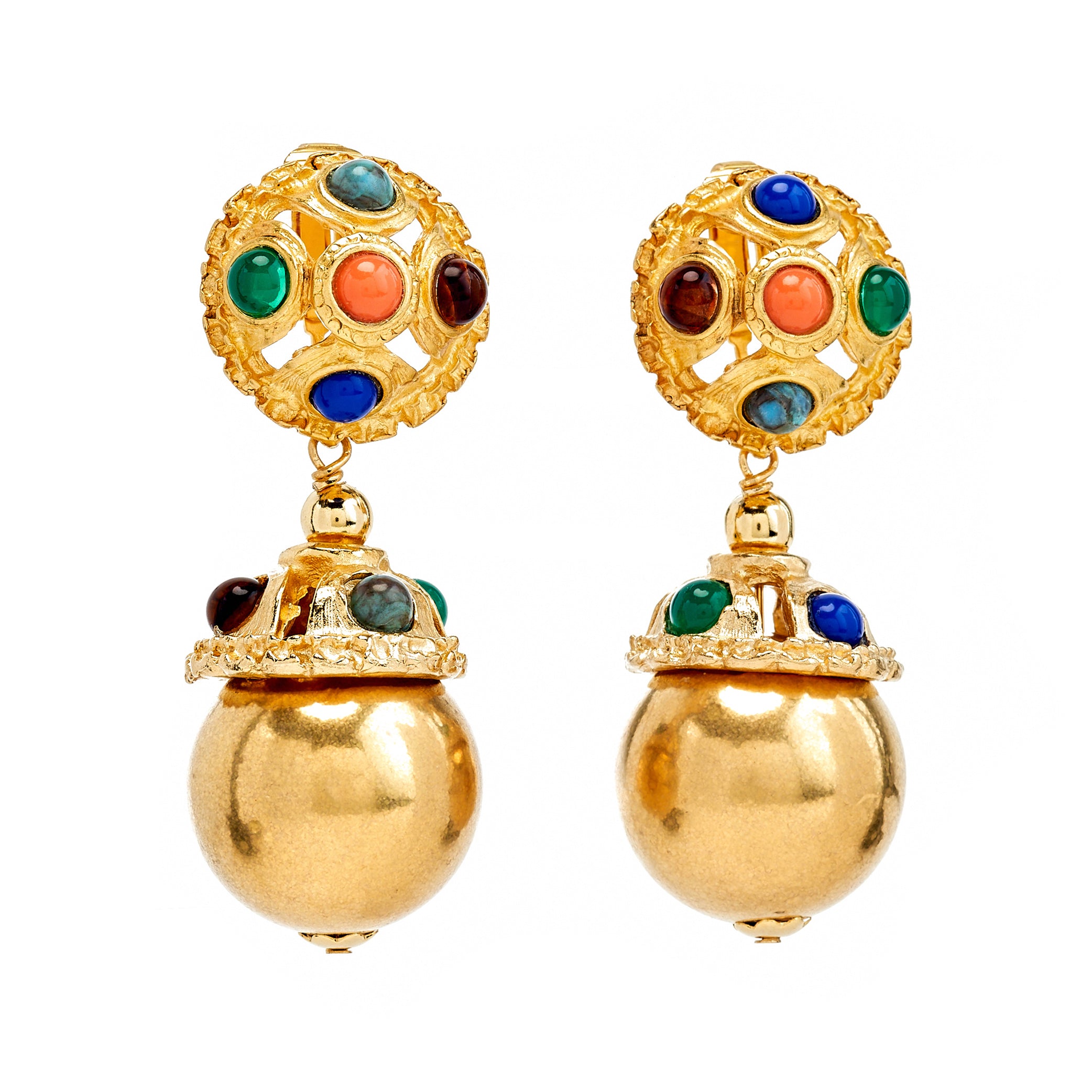 Jeweled Cabochon Drop Clip-On Earrings