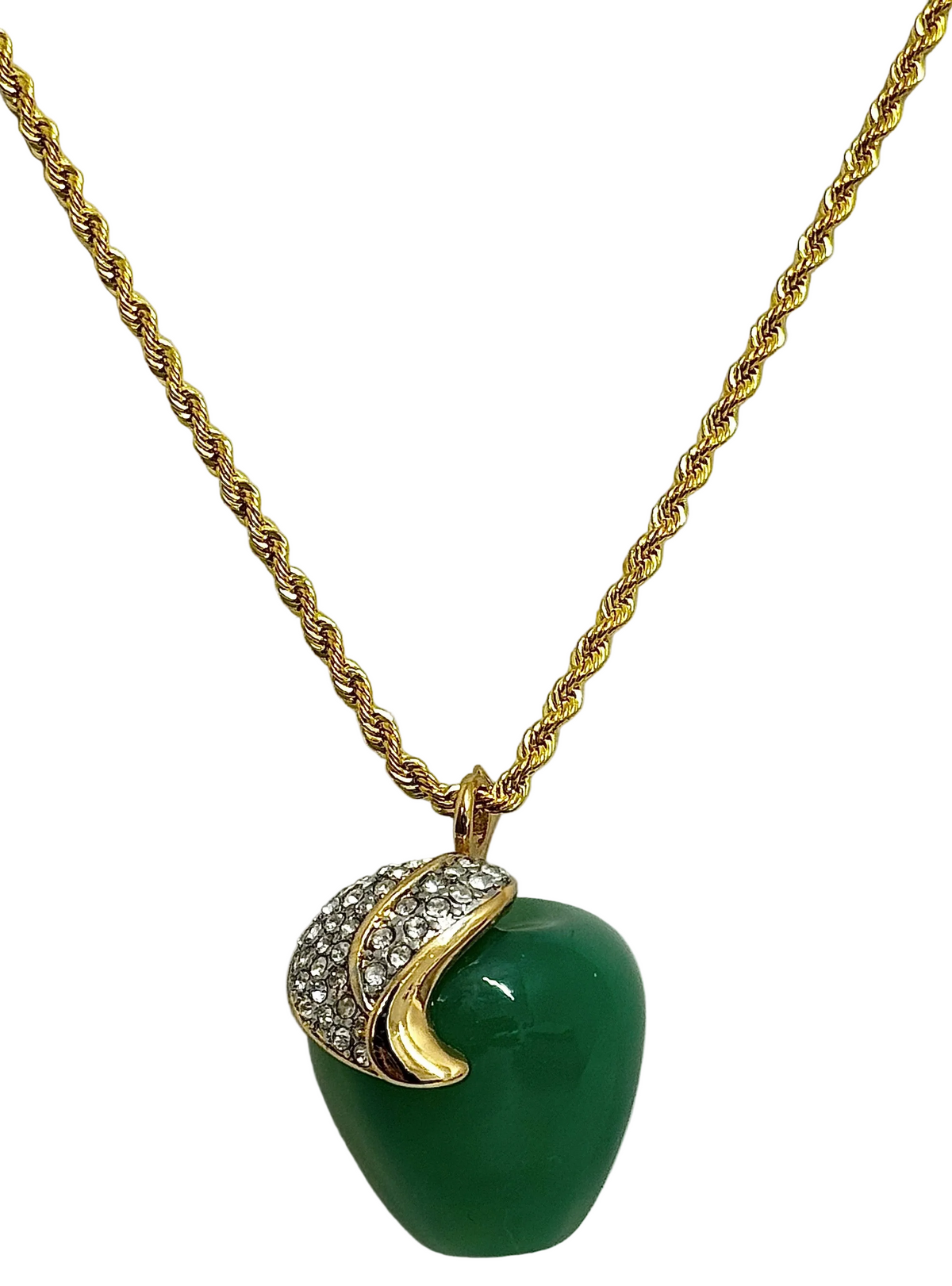 A gold chain necklace with a pendant featuring a smooth green stone and a gold crescent-shaped setting paved with small clear stones, shown against a plain light background.