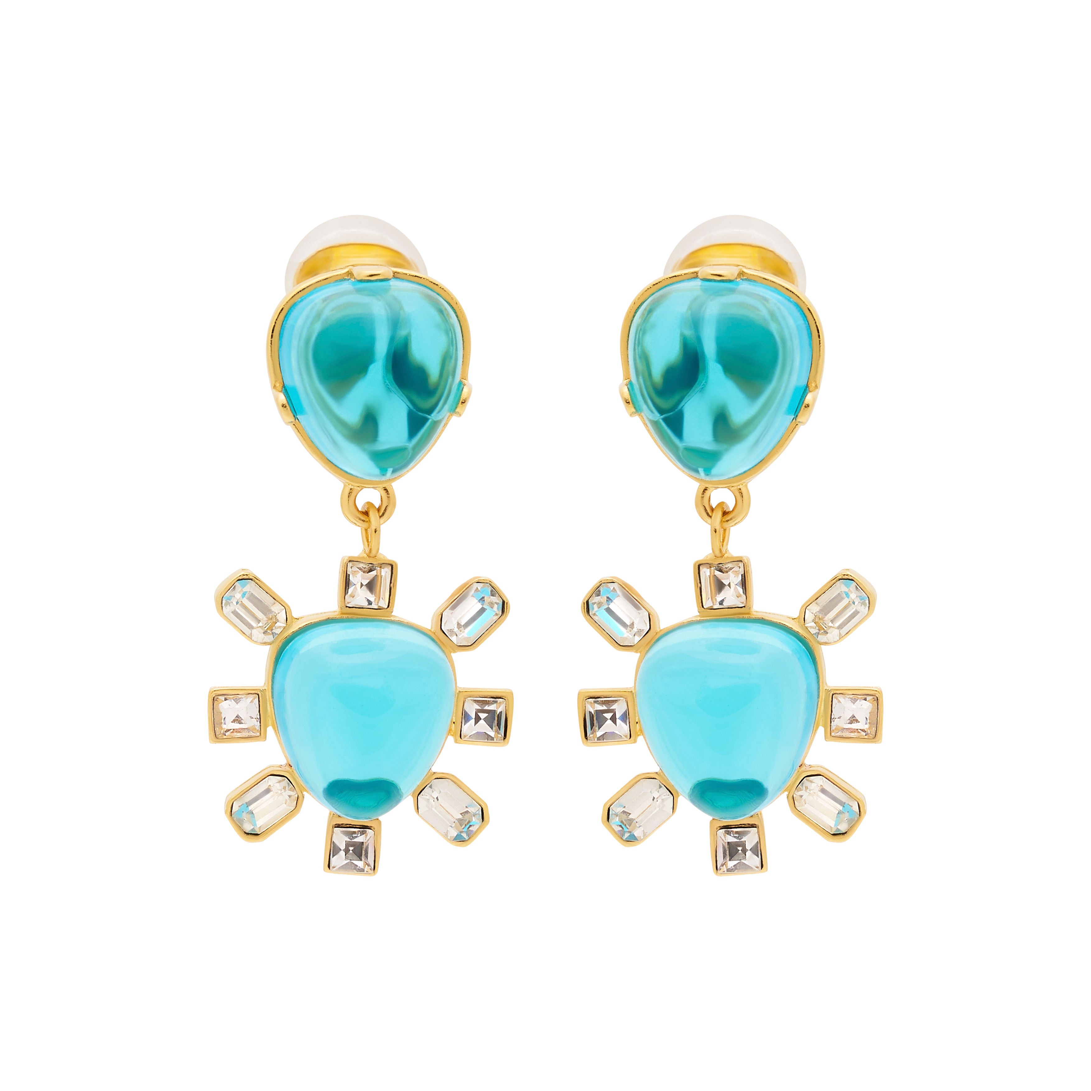 Gold & Aqua Drop Clip Earrings