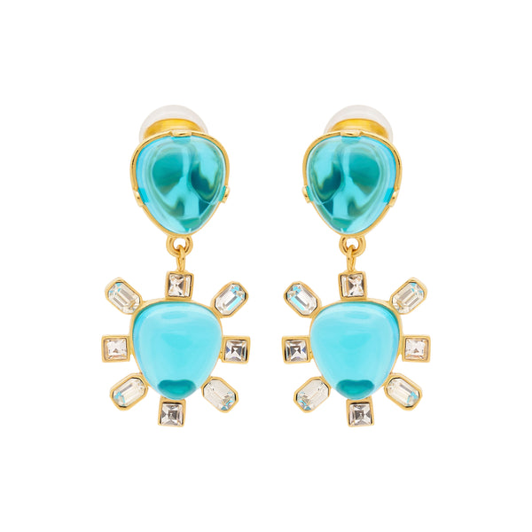 Gold & Aqua Drop Clip Earrings
