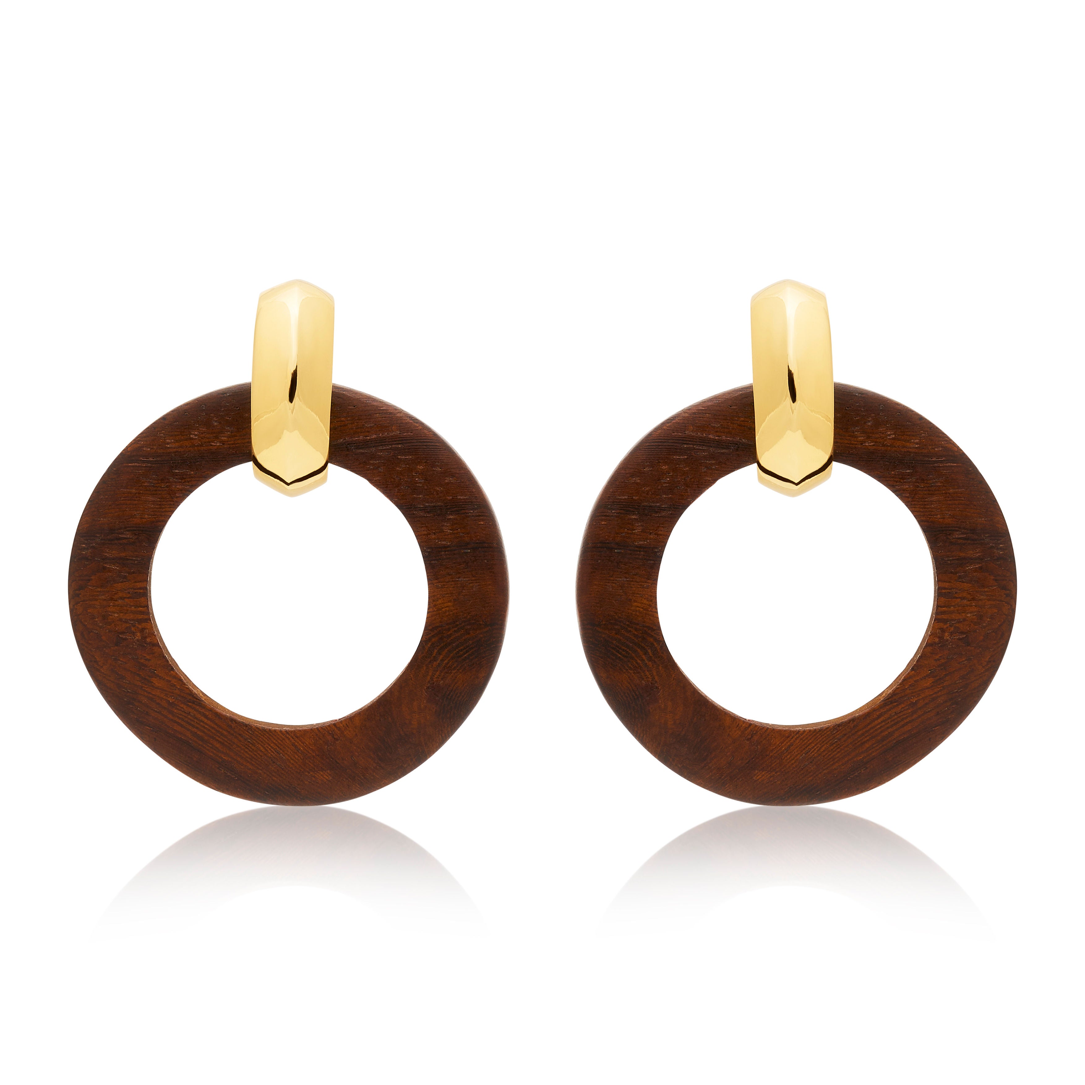 Polished Gold & Wood Doorknocker Clip Earrings