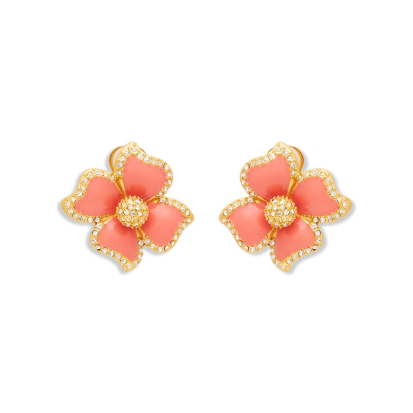 Pink Enamel Flower Clip Earrings