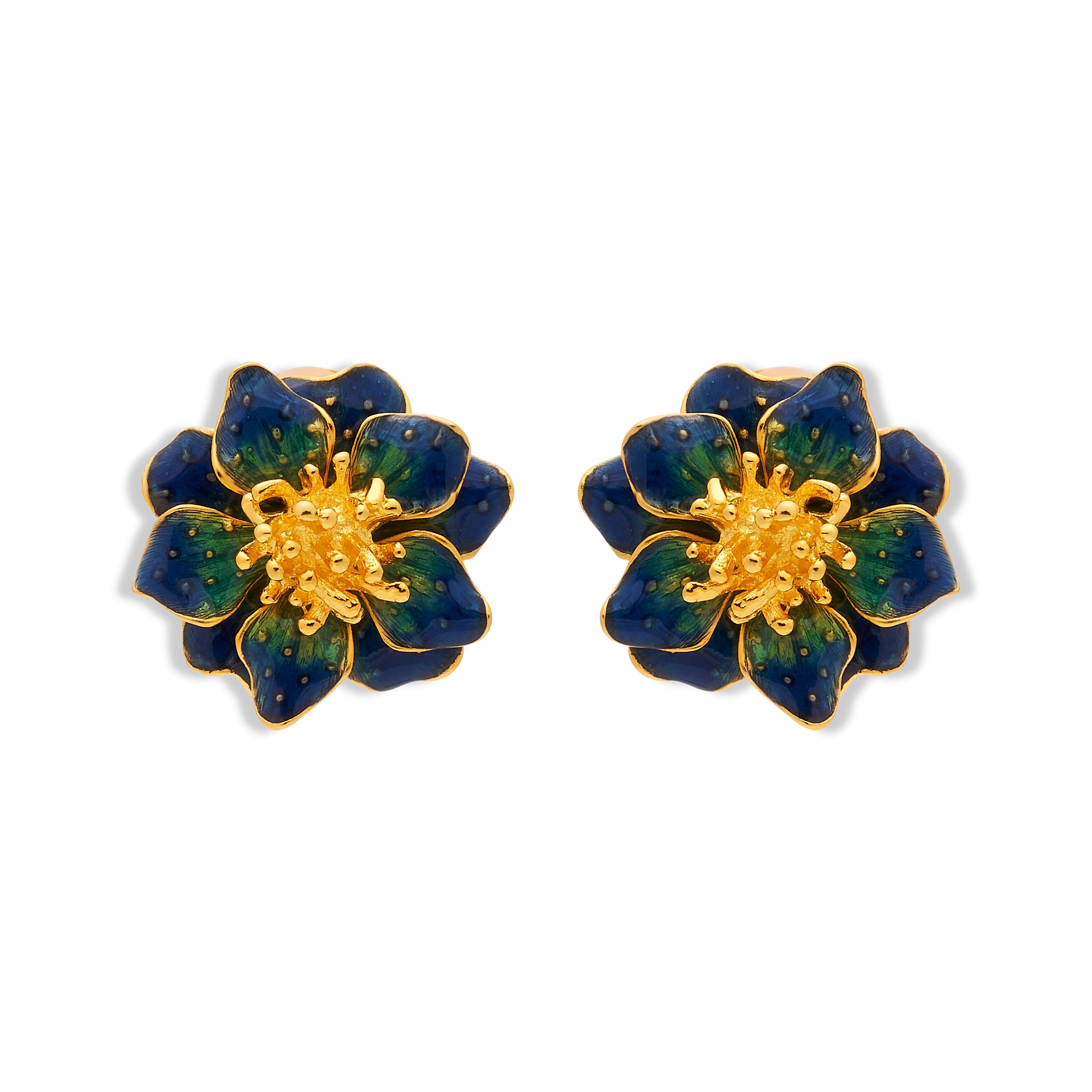 Blue Enamel Flower Clip Earrings