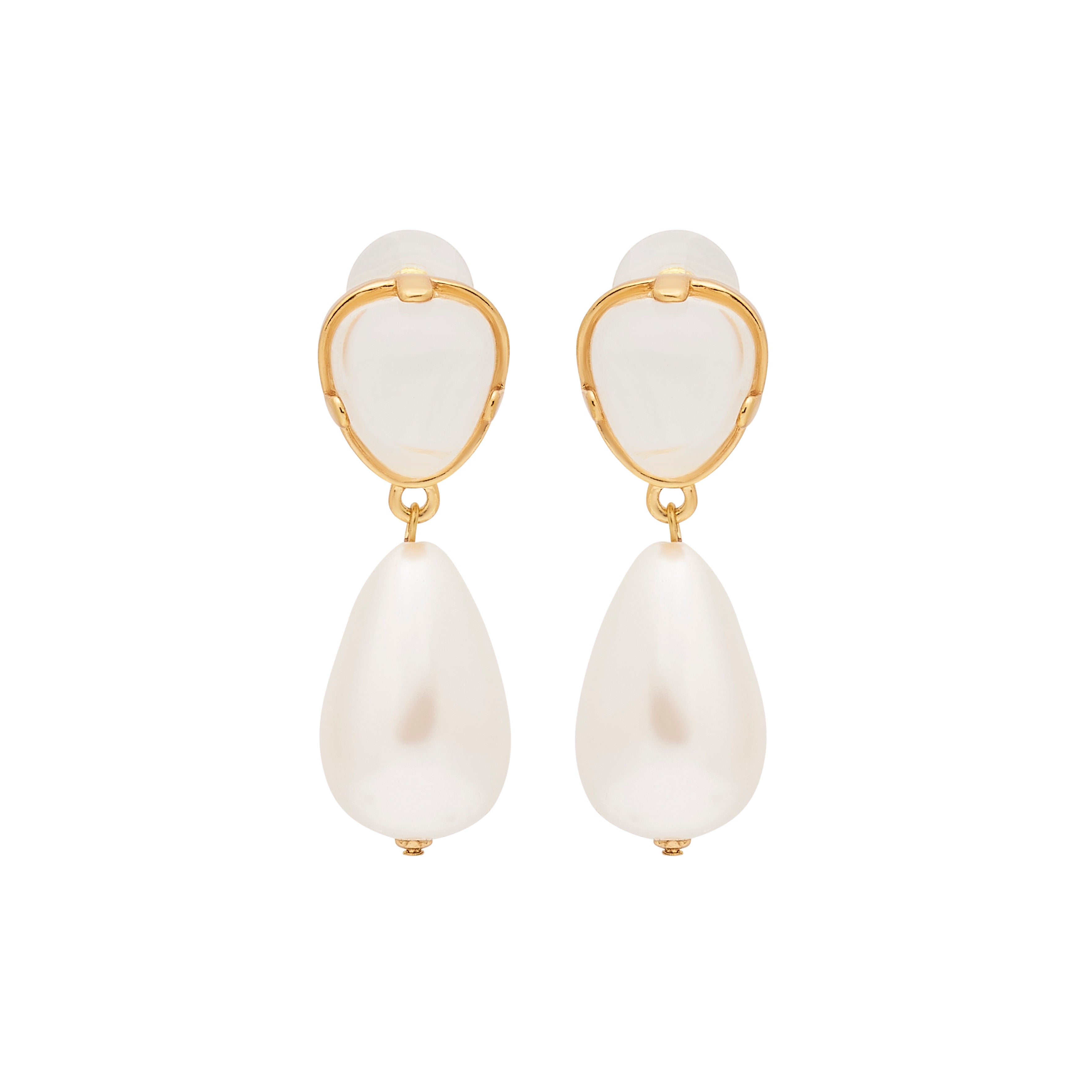 Clear & Pearl Drop Pierced Gold Earrings