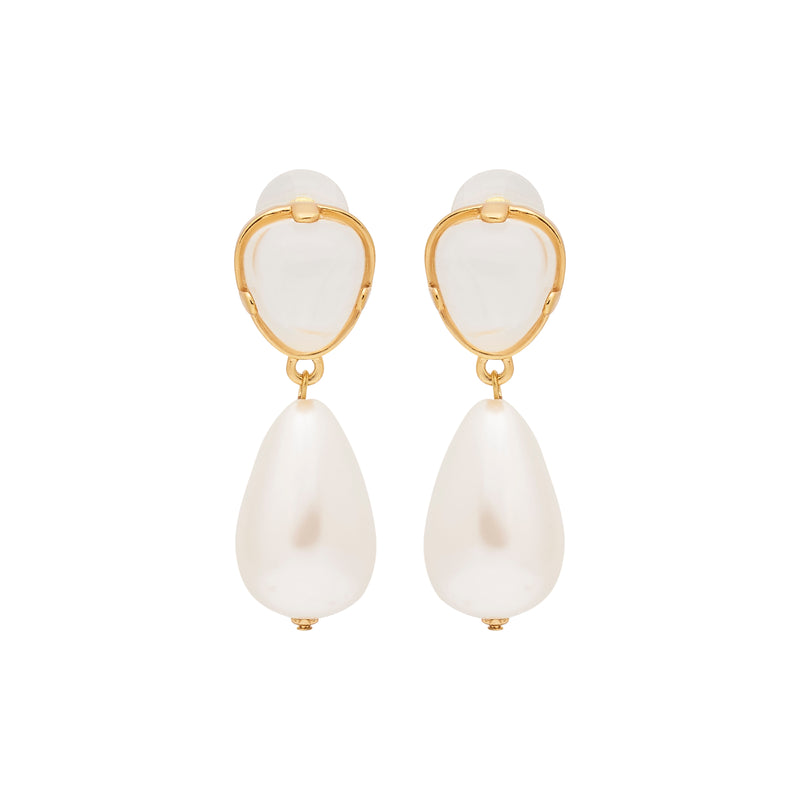 Clear & Pearl Drop Pierced Gold Earrings