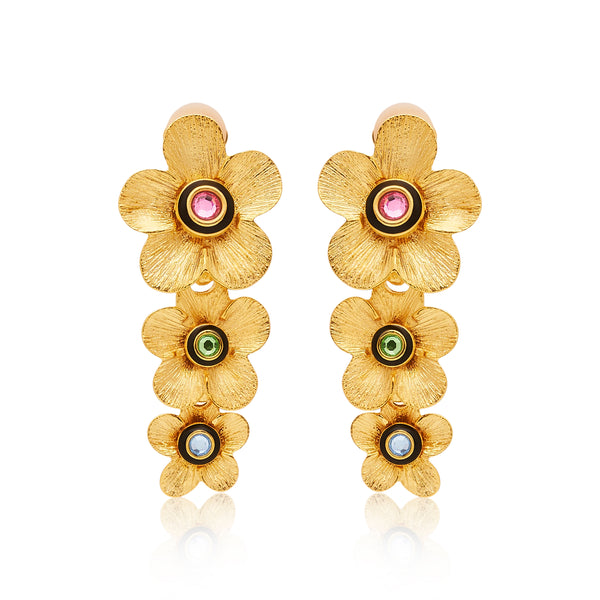 Gold Graduated Drop Flower Clip Earrings