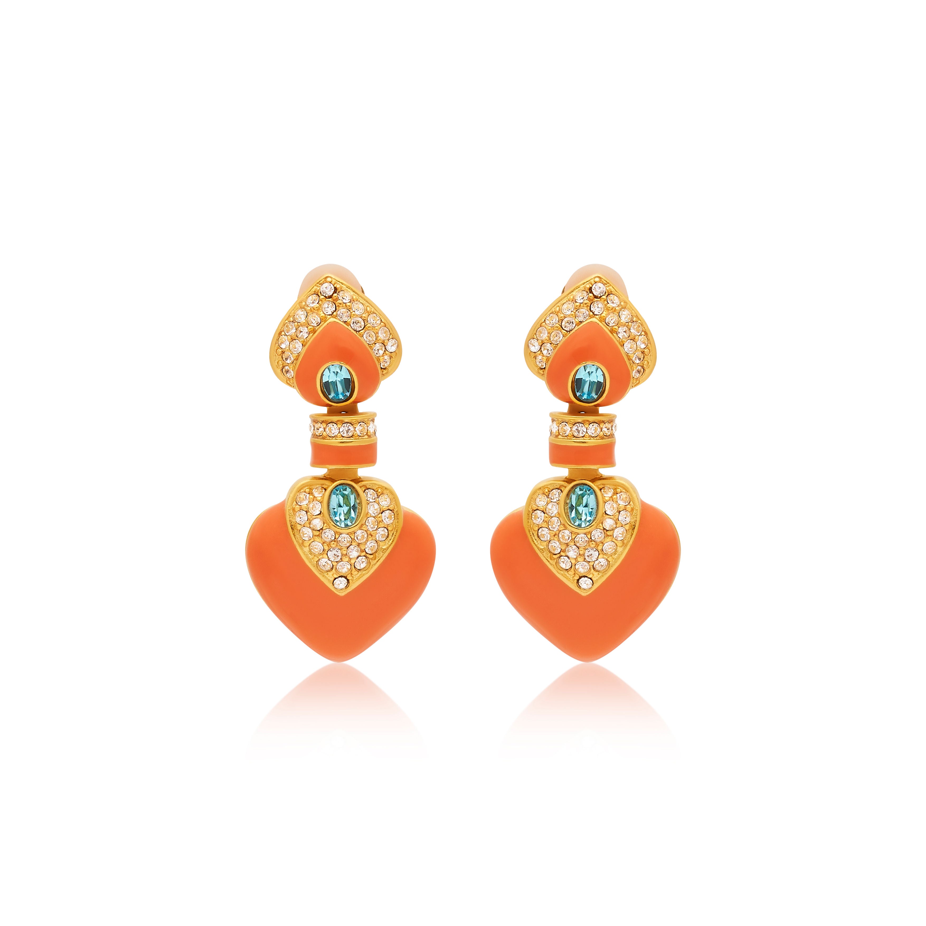 Coral & Aquamarine Heart Drop Clip Earrings