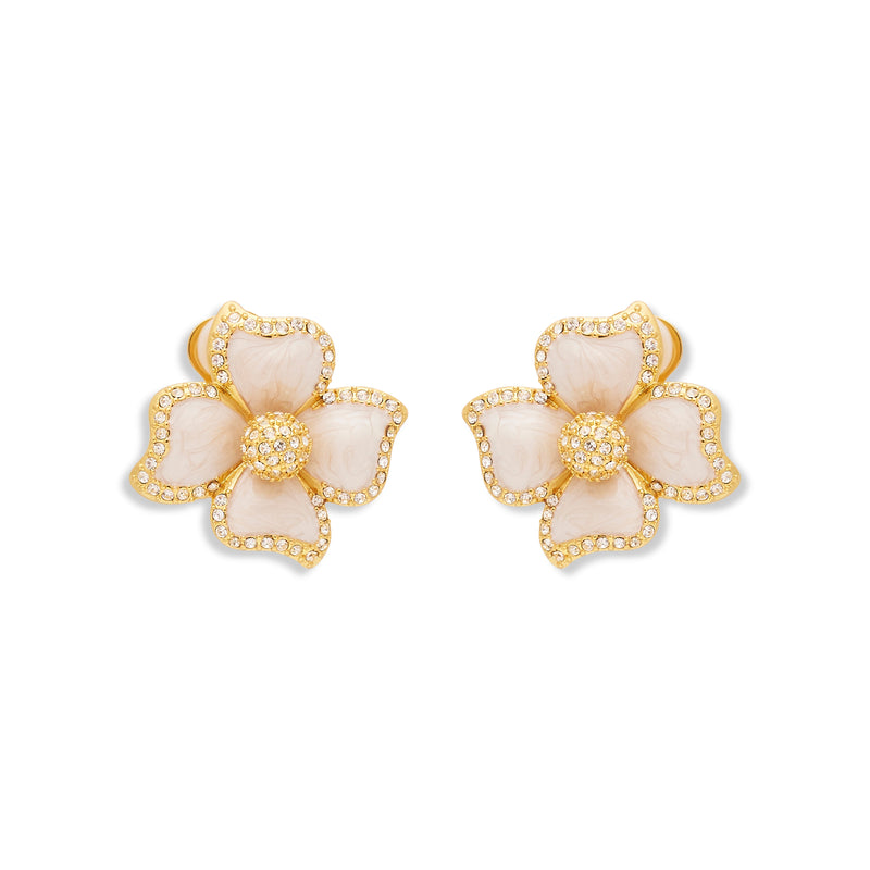 White Enamel Flower Clip Earrings