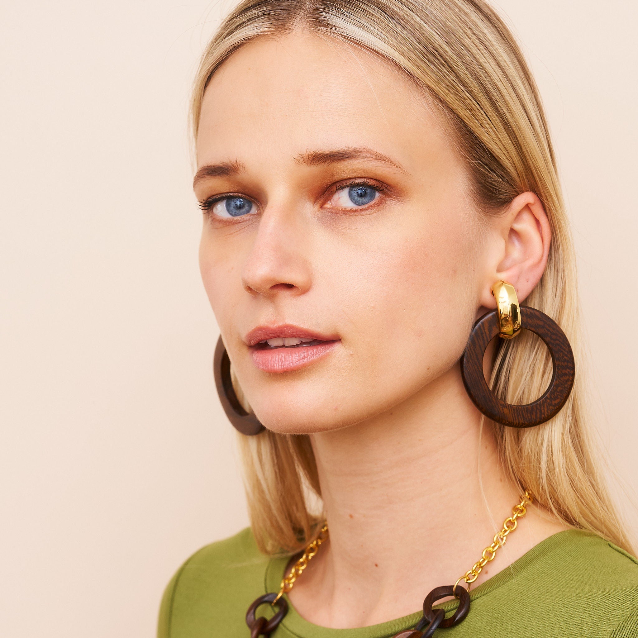 Polished Gold & Wood Doorknocker  Earrings