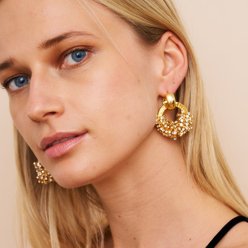 Gold & Rhinestone Cluster Door Knocker Earrings