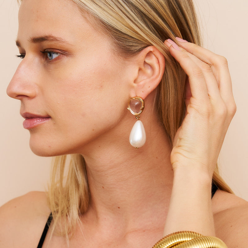 Clear & Pearl Drop Pierced Gold Earrings