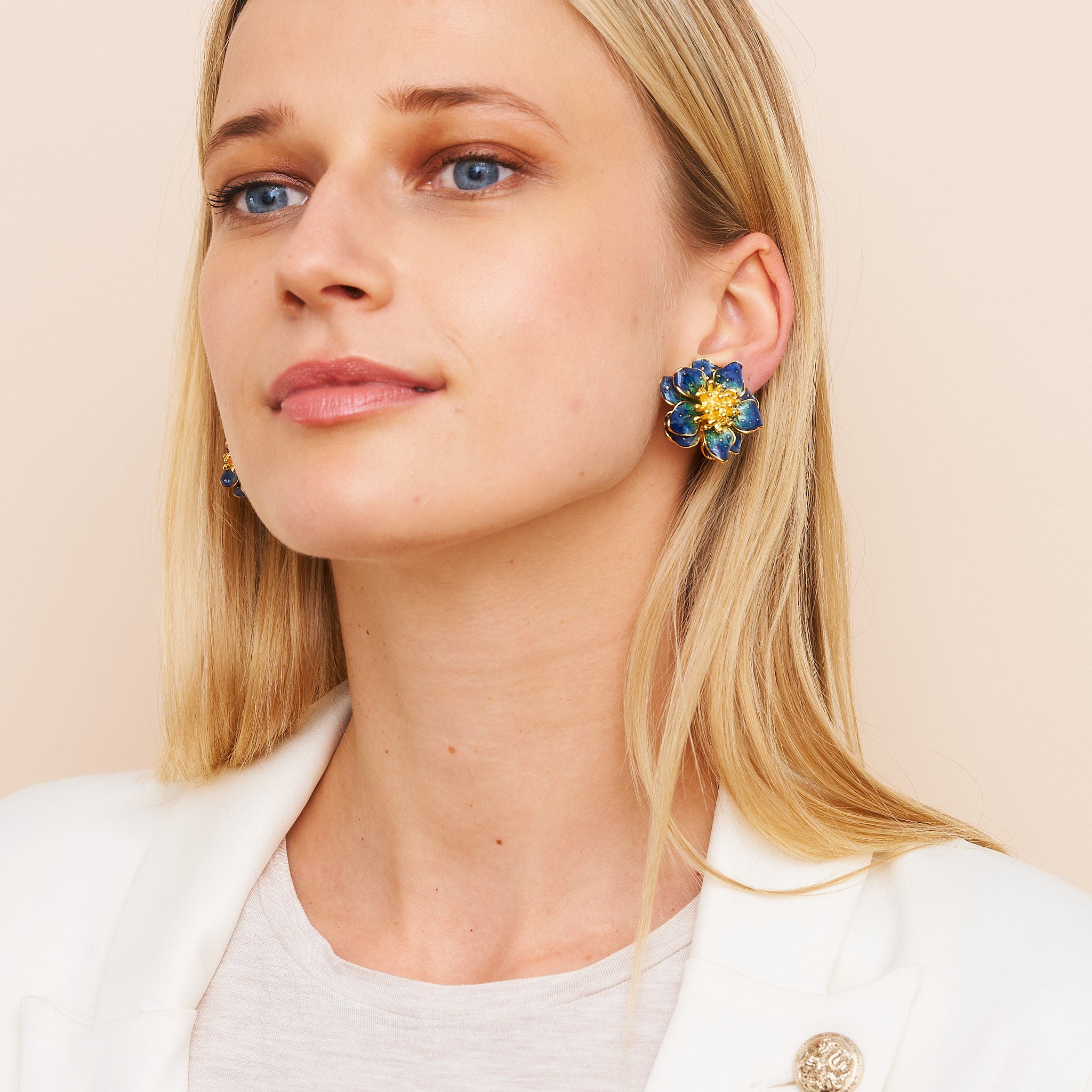 Blue Enamel Flower Clip Earrings