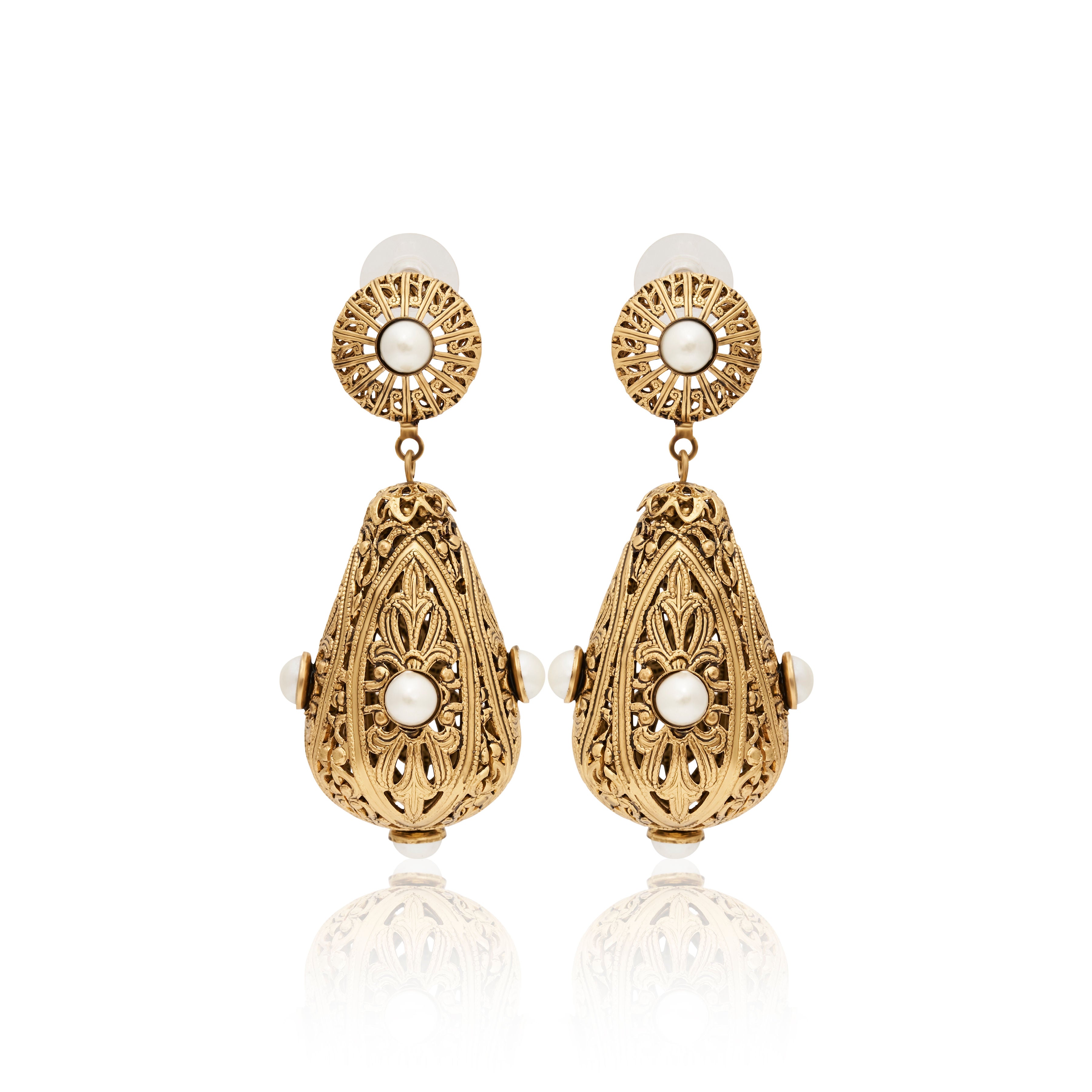 Pearl Filigree Drop Clip-On Earrings