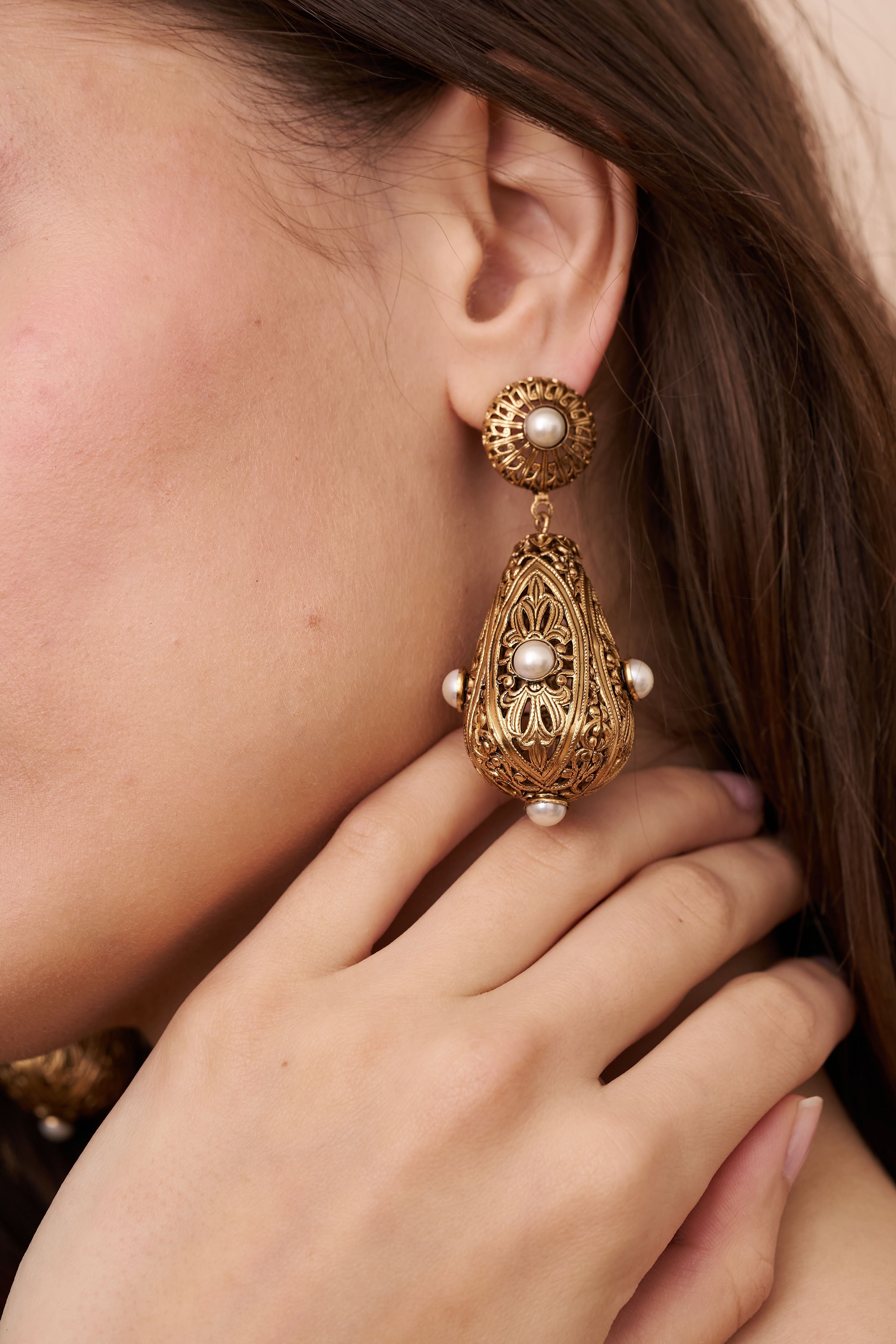 Pearl Filigree Drop Clip-On Earrings