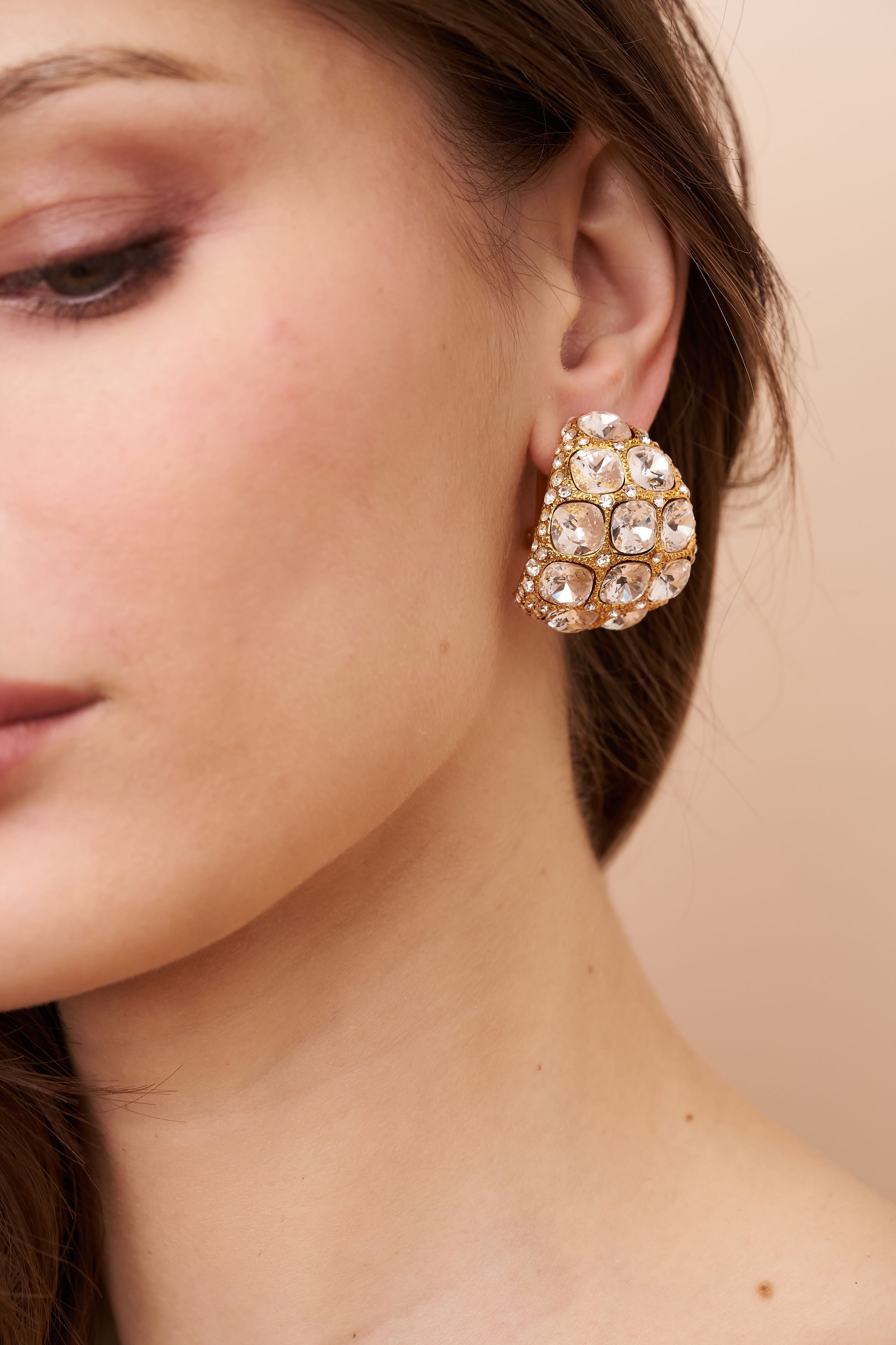 Crystal Square Hoop Clip Earrings