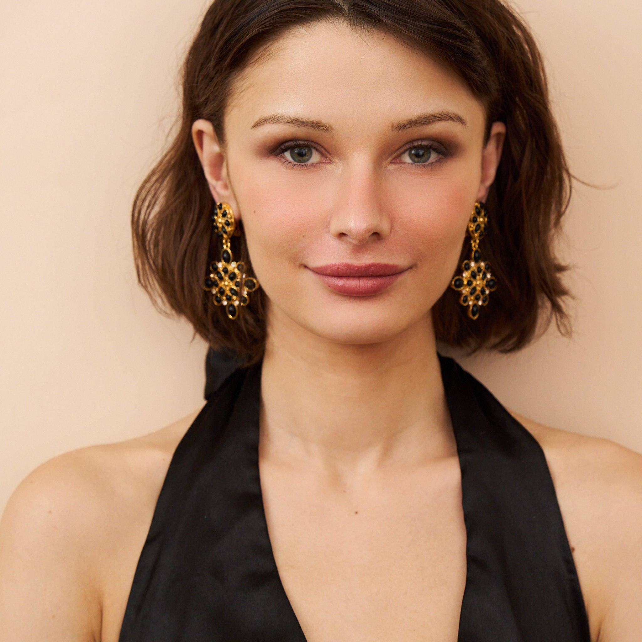 Black Cabochon Drop Clip-On Earrings